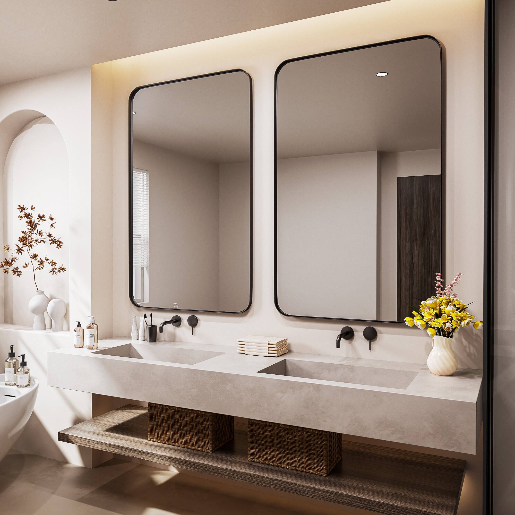 Alt View 12. LOVMOR - Tempered Glass Rounded Rectangle Framed Wall-Mounted Bathroom Vanity Mirror - 48" x 30" - Black.