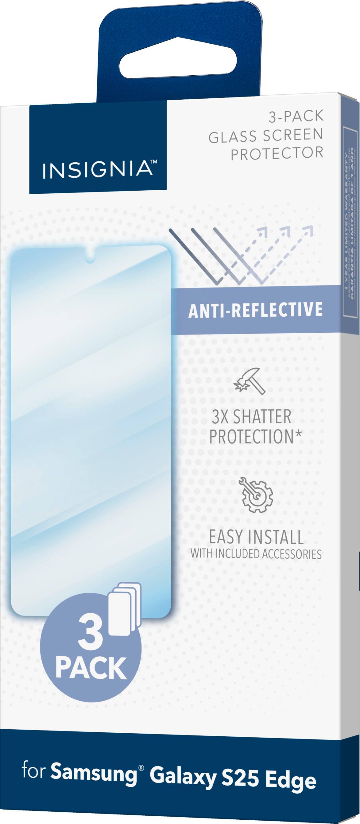 3-Pack Glass Screen Protector for Samsung Galaxy S25 Edge by Insignia - Anti-Reflective, 3X Shatter Protection, Easy Install with Included Accessories