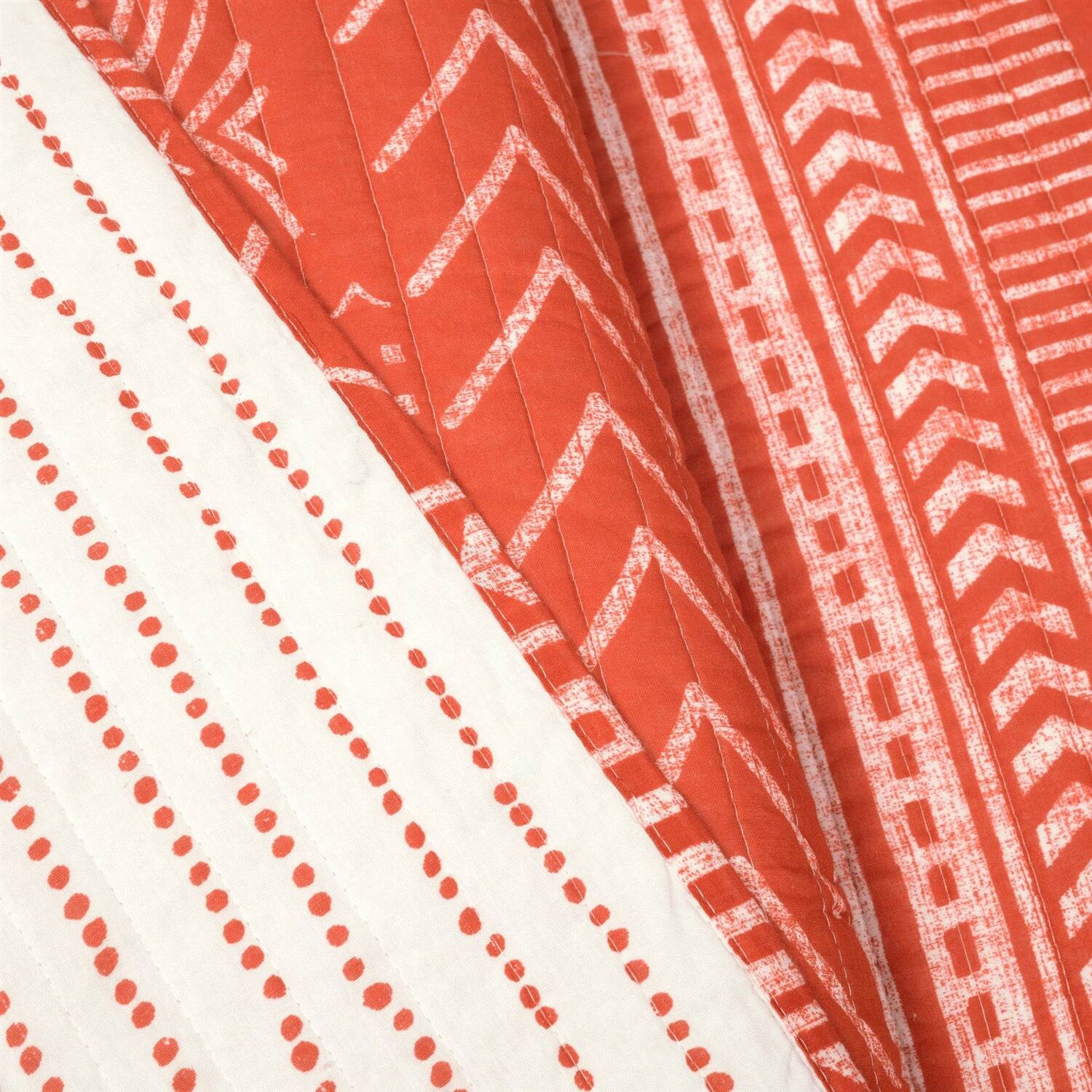 Back. Hivvago - King size Scandinavian Chevron Orange White Stripe Reversible Cotton Quilt Set - Orange White.