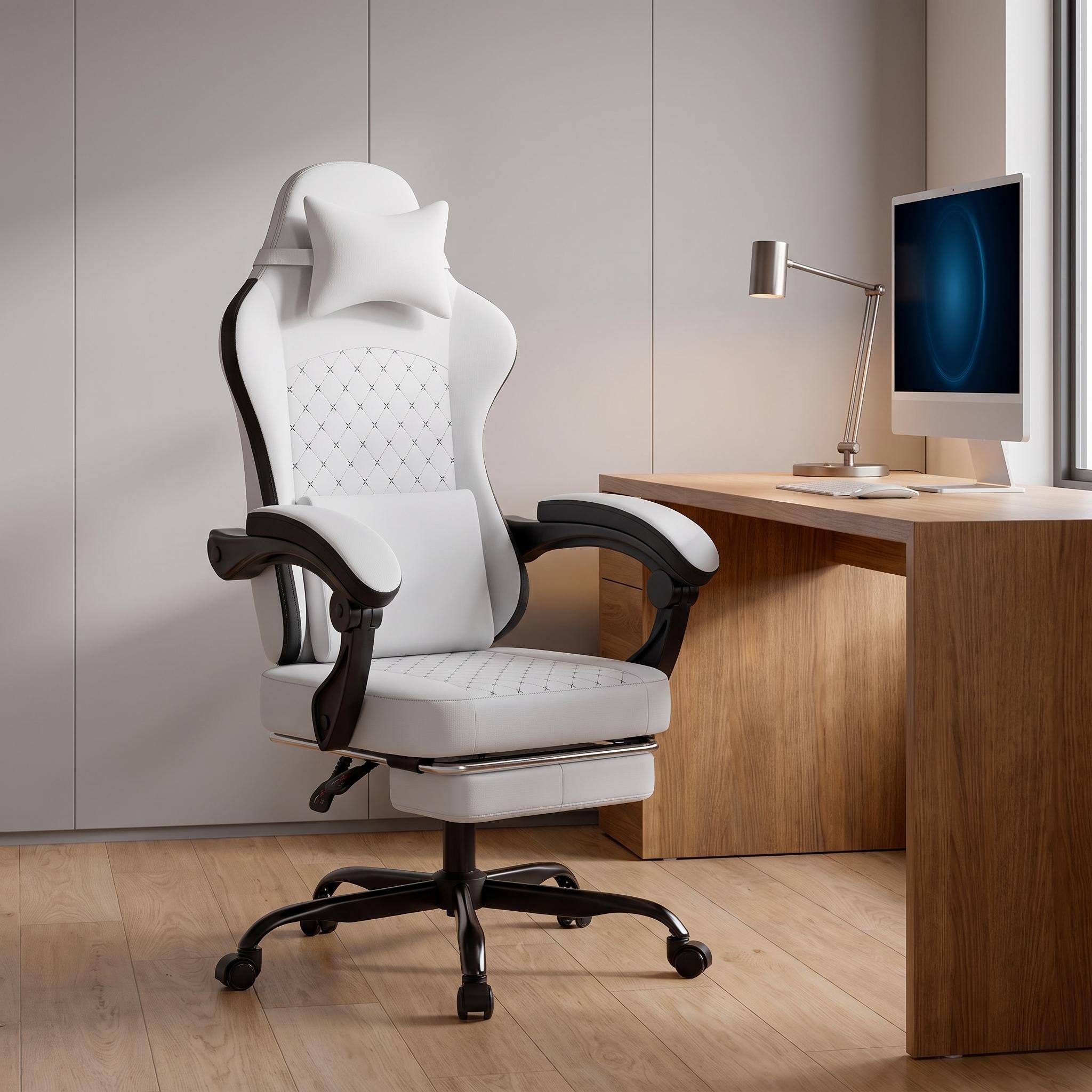 Angle. Forest'nSky - Office Chair with Footrest Comfortable Headrest and Lumbar Support, White - White+Black.