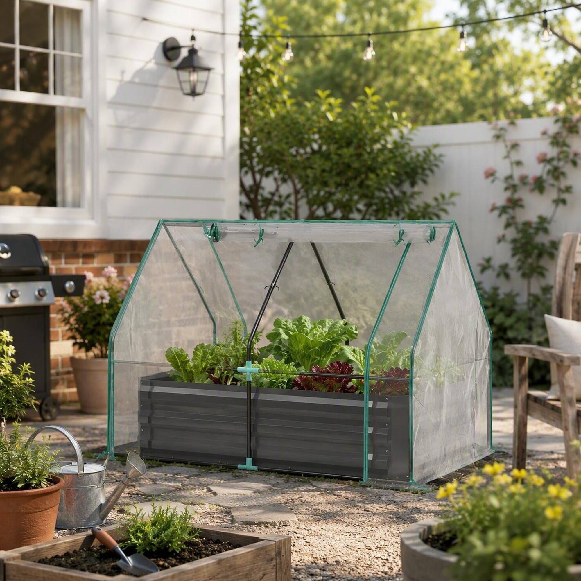 Left. RYHNUYNE - 2-in-1 Raised Garden Bed with Greenhouse Cover Galvanized Steel Planter Box with Clear PE Shield for Outdoor Patio - Clear,Dark Gray.