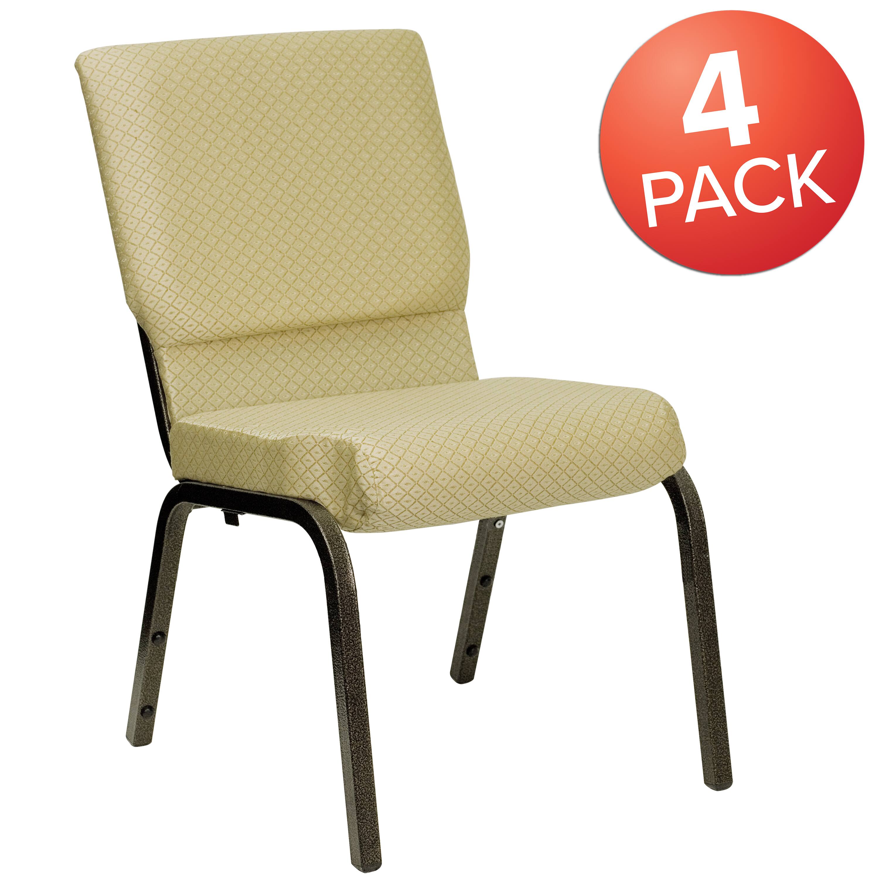 Alt View 1. Emma + Oliver - 4 Pack 18.5''W Stacking Church Chair - Beige Patterned Fabric/Gold Vein Frame.