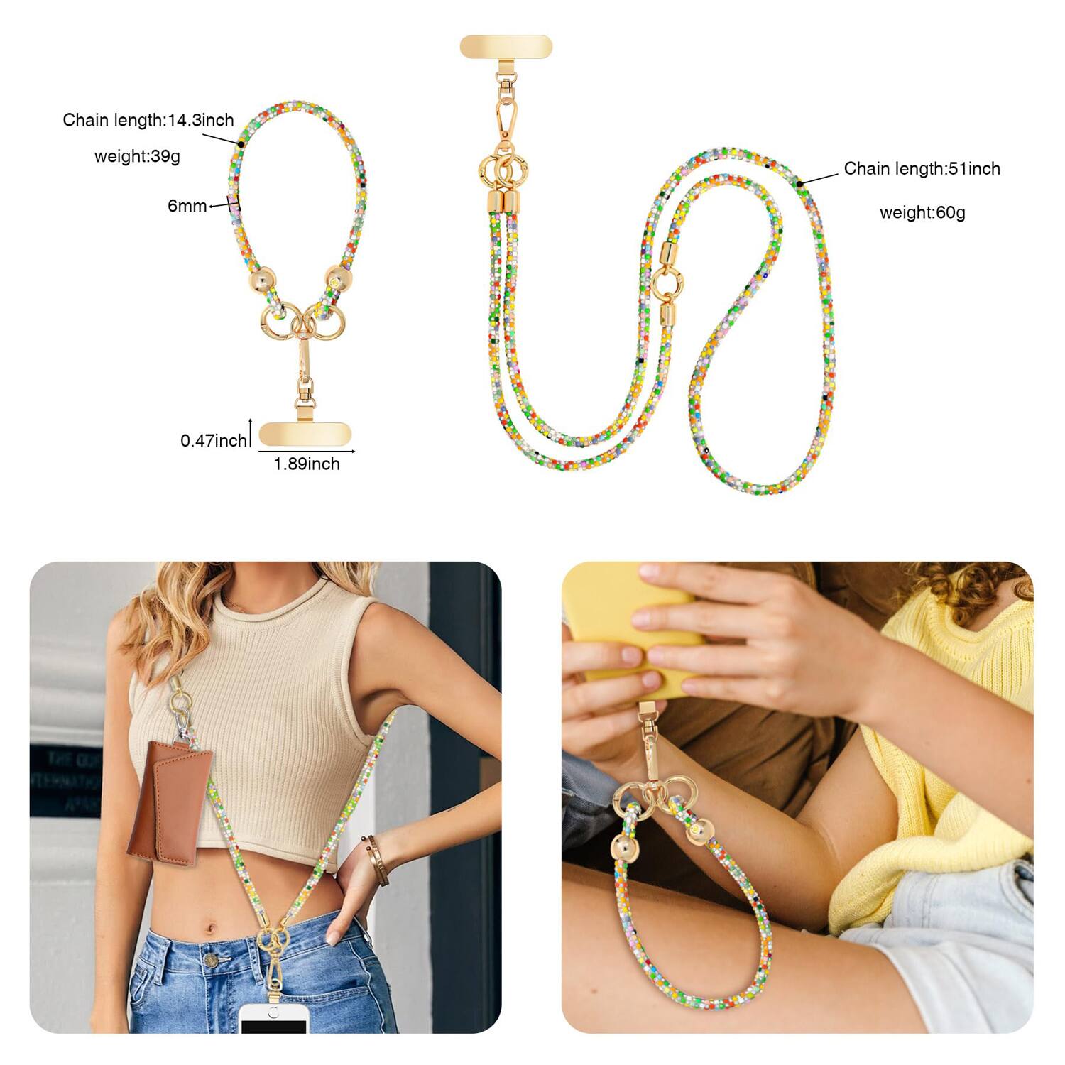 Chain length: 14.3 inch  
weight: 39g  
6mm  
0.47 inch 1.89 inch  

Chain length: 51 inch  
weight: 60g