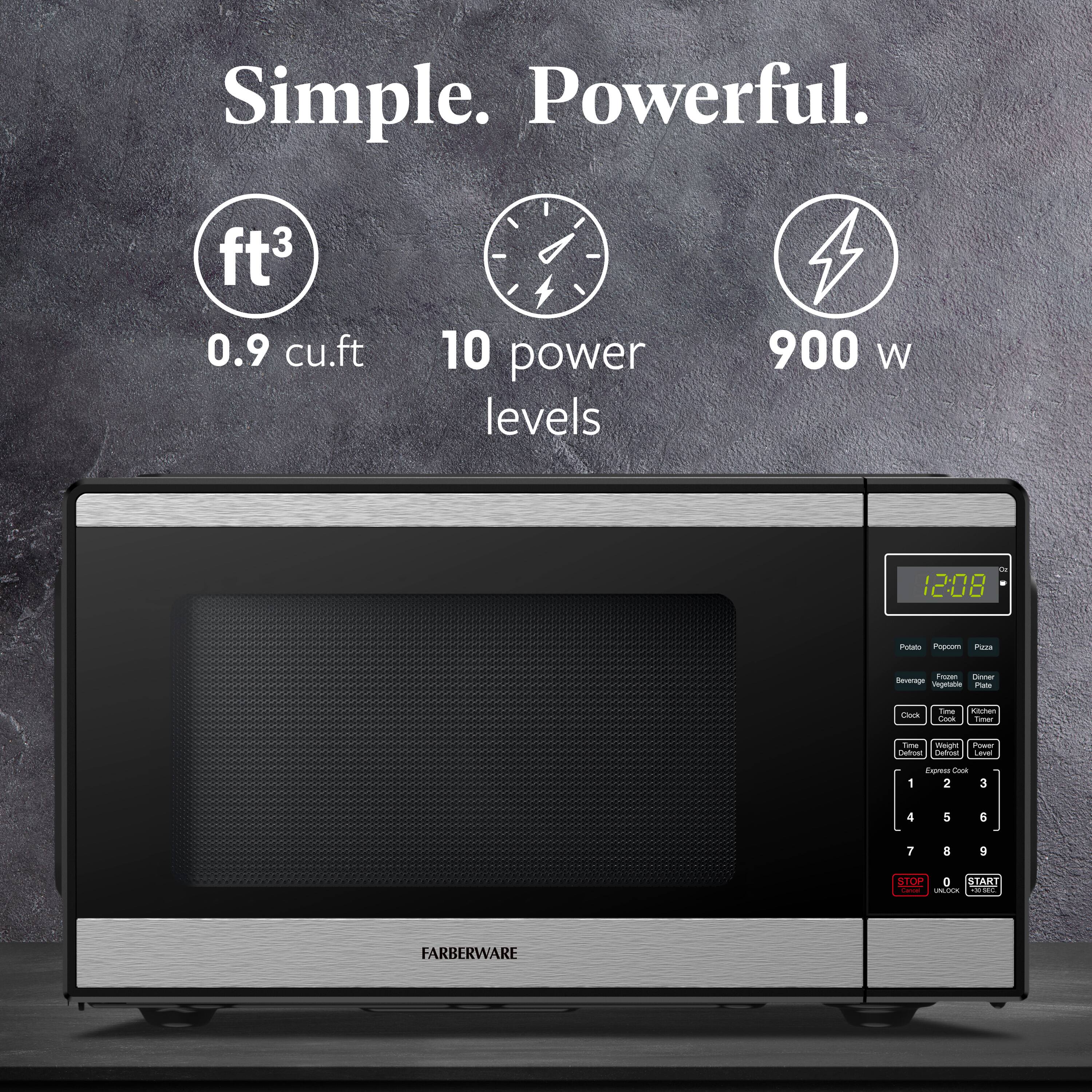 Simple. Powerful.

ft³ 0.9 cu.ft  
10 power levels  
900 W

12:08

Potato  
Popcorn  
Pizza  
Beverage  
Frozen Vegetables  
Dinner Plate  
Clock  
Time Delay  
Weight  
Power Level  
Express Cook  
1 2 3 4 5 6 7 8 9 0  
STOP  
START

FARBERWARE
