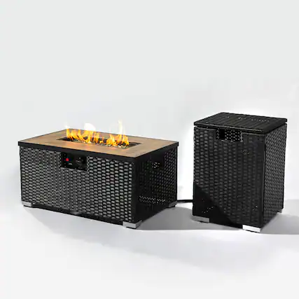 Front. Mondawe - 32" Propane Gas Fire Pit Table with Propane Tank Cover and Wicker Base - Dark Gray.