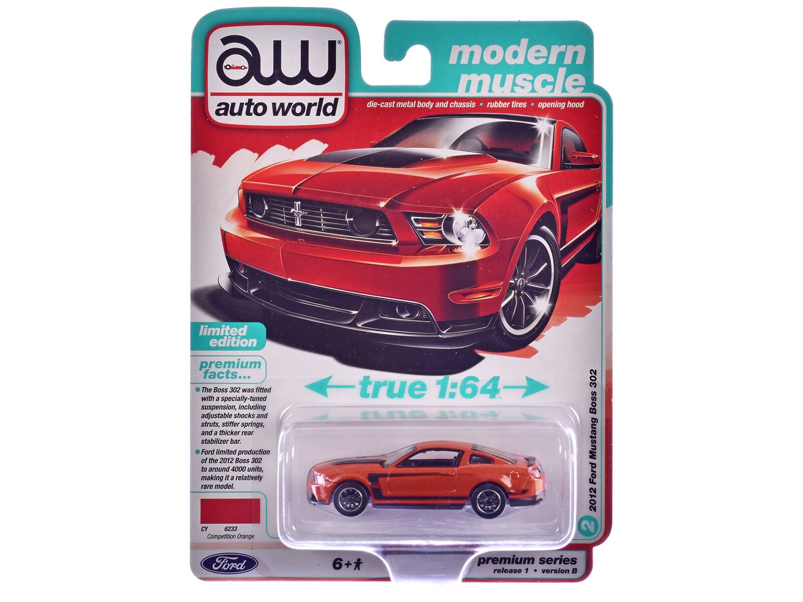 A modern muscle auto world die-cast metal body and chassis rubber tires opening hood limited edition premium facts... The Boss 302 was fitted with a specially-tuned suspension, including adjustable shocks and struts, stiffer springs, and a thicker rear stabilizer bar. Ford limited production of the 2012 Boss 302 to around 4000 units, making it a relatively rare model. CY 6233 Competition Orange true 1:64 rn 50 302 Boss Mustang Ford 2012 2 Ford 6+* premium series release 1 version