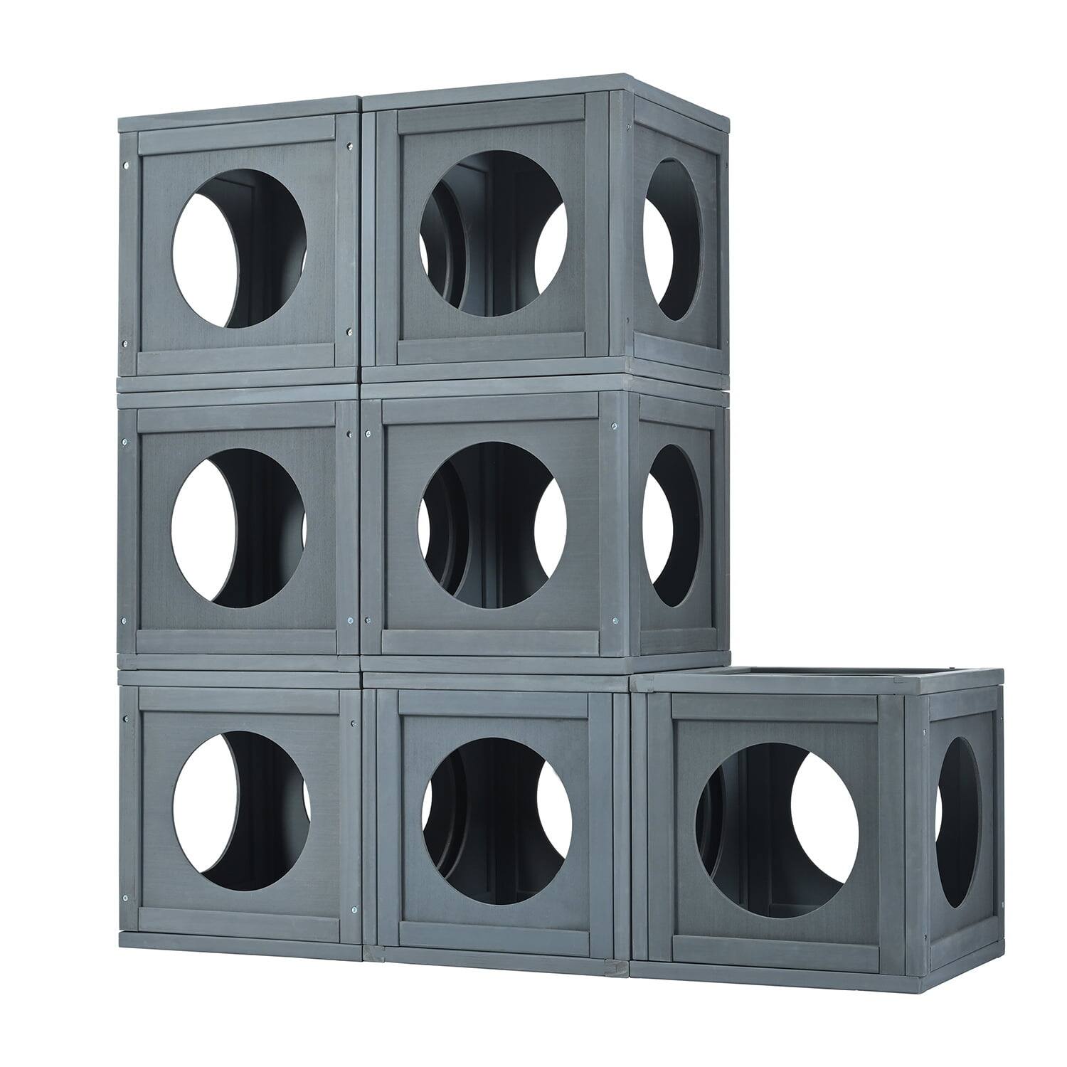 Alt View 6. Pefilos - 43" Weatherproof Pine Wood Cat Enclosure with Double Doors & Shelves, Outdoor Cat Playhouse with 7 Combination Boxes.