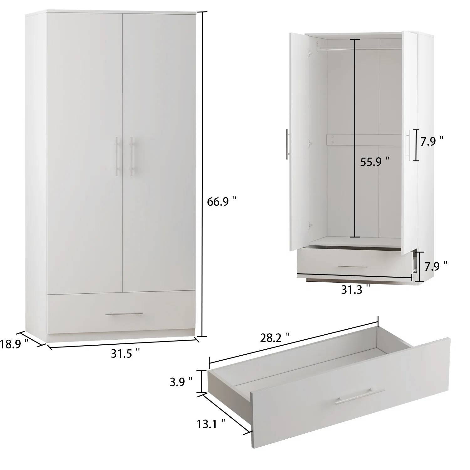 - Height: 66.9"
- Width: 31.5"
- Depth: 18.9"
- Shelf Height: 55.9"
- Shelf Depth: 31.3"
- Shelf Width: 28.2"
- Drawer Height: 7.9"
- Drawer Depth: 13.1"
- Drawer Width: 3.9"