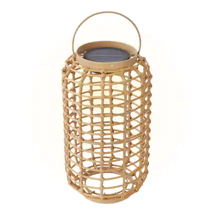Front. Techko - Outdoor Solar Rattan-Style Cylindrical LED Lantern with Handle.