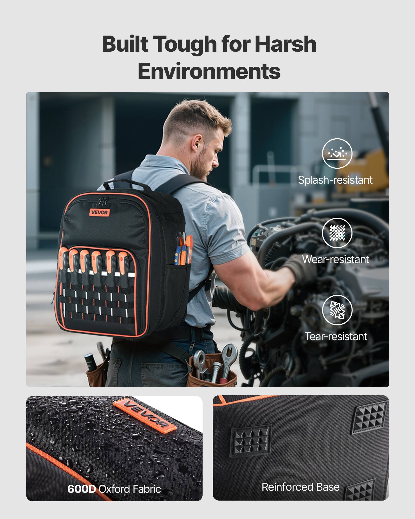 Built Tough for Harsh Environments

- Splash-resistant
- Wear-resistant
- Tear-resistant

600D Oxford Fabric

Reinforced Base