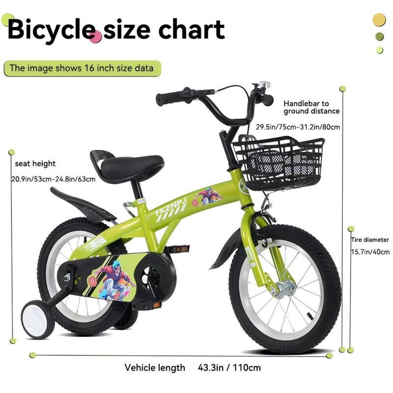 Bicycle size chart

The image shows 16 inch size data

- Handlebar to ground distance: 29.5in/75cm - 31.2in/80cm
- Seat height: 20.9in/53cm - 24.8in/63cm
- Tire diameter: 15.7in/40cm
- Vehicle length: 43.3in / 110cm