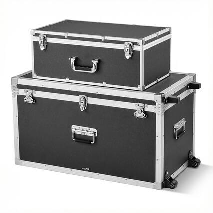 Front. VEVOR - Metal Storage Trunk, Set of 2,Wooden Suitcase Storage Boxes with Padlocks,Large Trunk Includes Casters & 3 Metal Handles - Black.