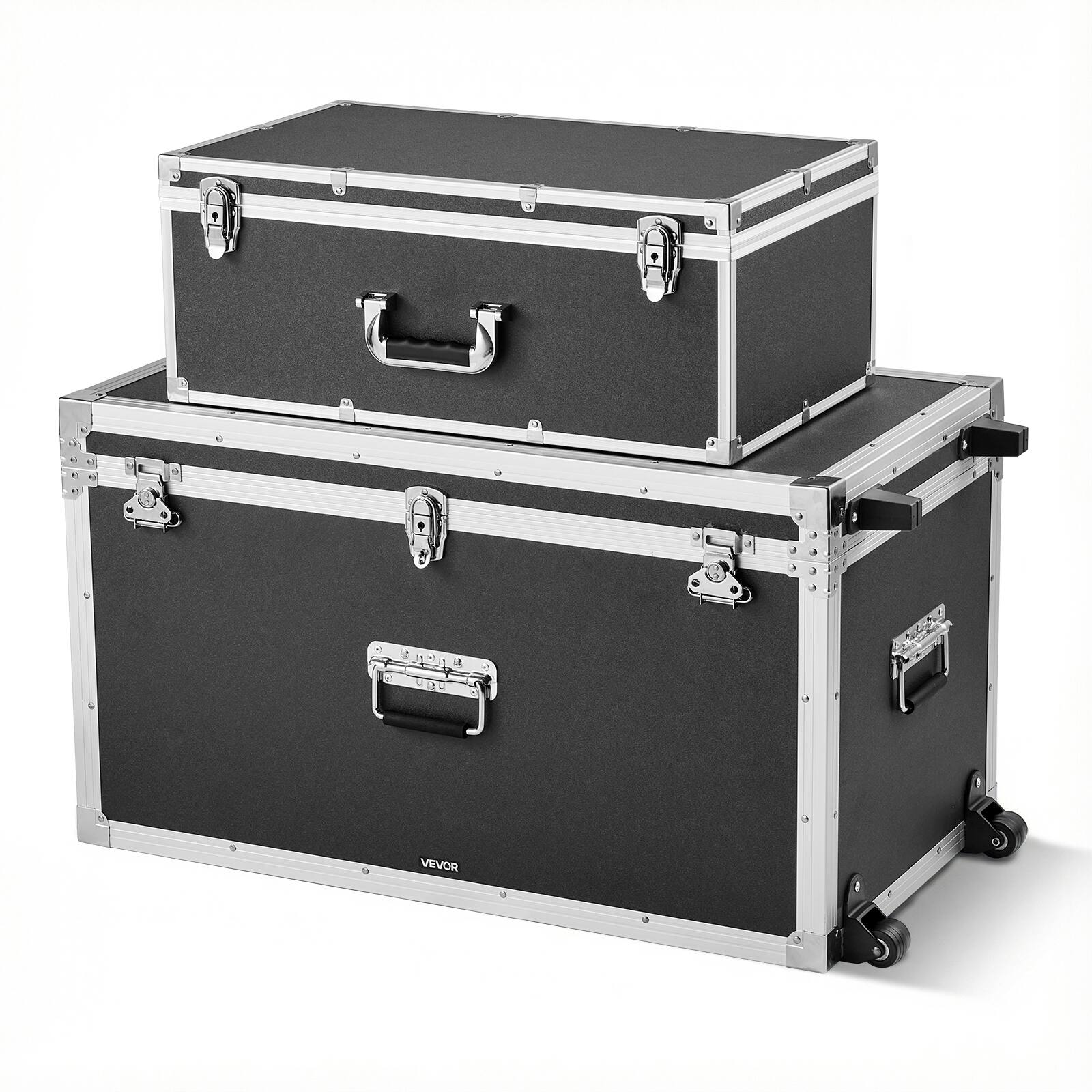Front. VEVOR - Metal Storage Trunk, Set of 2,Wooden Suitcase Storage Boxes with Padlocks,Large Trunk Includes Casters & 3 Metal Handles - Black.
