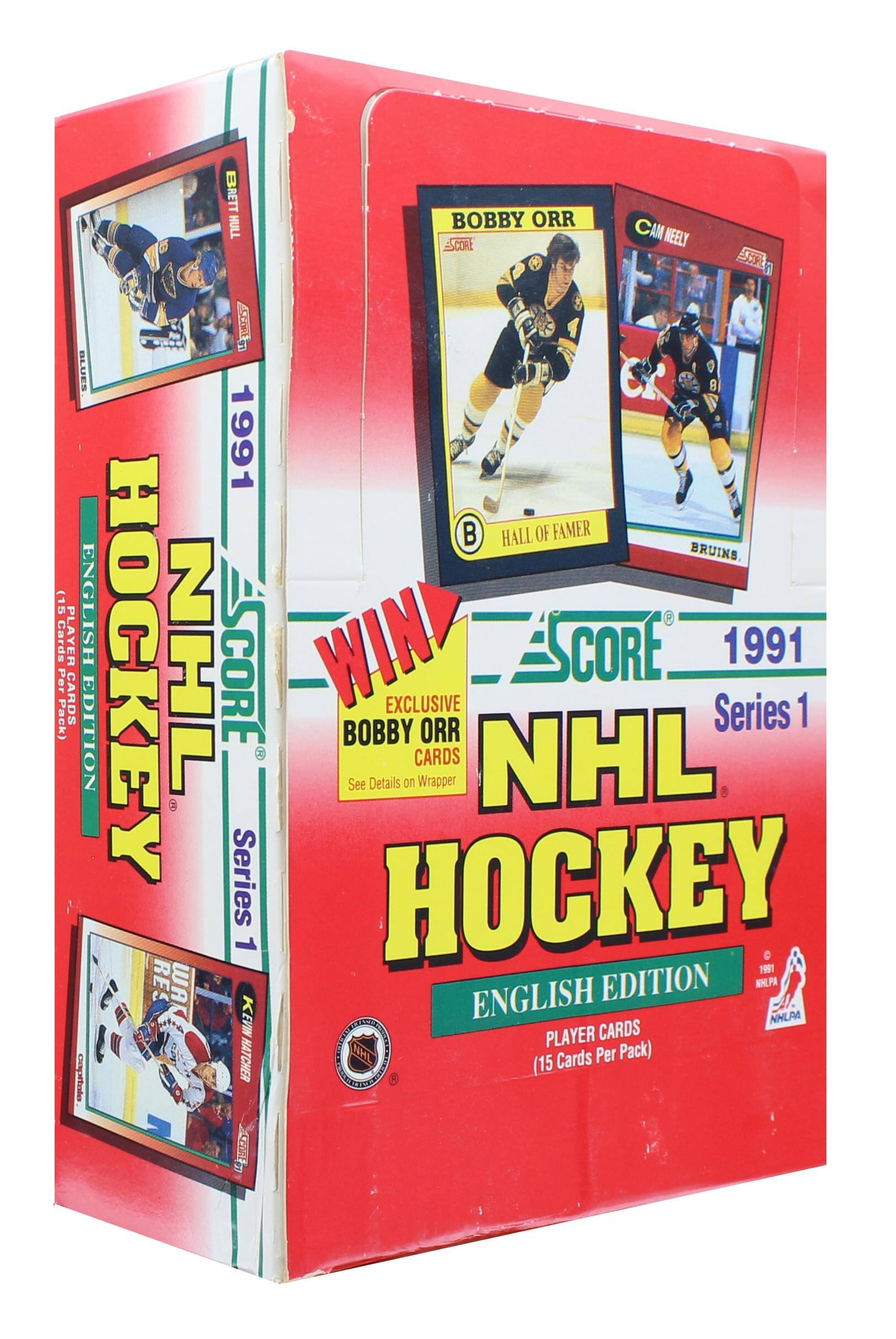 Sure, here is the corrected and grouped text from the image:

---

**Score NHL Hockey 1991**

**Series 1**

**English Edition**

**Player Cards (15 Cards Per Pack)**

**Win Exclusive Bobby Orr Card**

**See Details on Wrapper**

**Brett Hull**

**Bobby Orr**

**Cam Neely**

**Kevin Hatcher**

**HALL OF FAMER**

**Bruins**

**1991**

**NHLPA**

**NHL**

**Score**

**Series 1**

**1991**

**English Edition**

**Player Cards (15 Cards Per Pack)**

**Brett Hull**

**Bobby Orr**

**Cam Neely**

**Kevin Hatcher**

**HALL OF FAMER**

**Bruins**

**1991**

**NHLPA**

**NHL**

**Score**

**Series 1**

**1991**

**English Edition**

**Player Cards (15 Cards Per Pack)**

---

This text is grouped and corrected to reflect the information on the packaging.