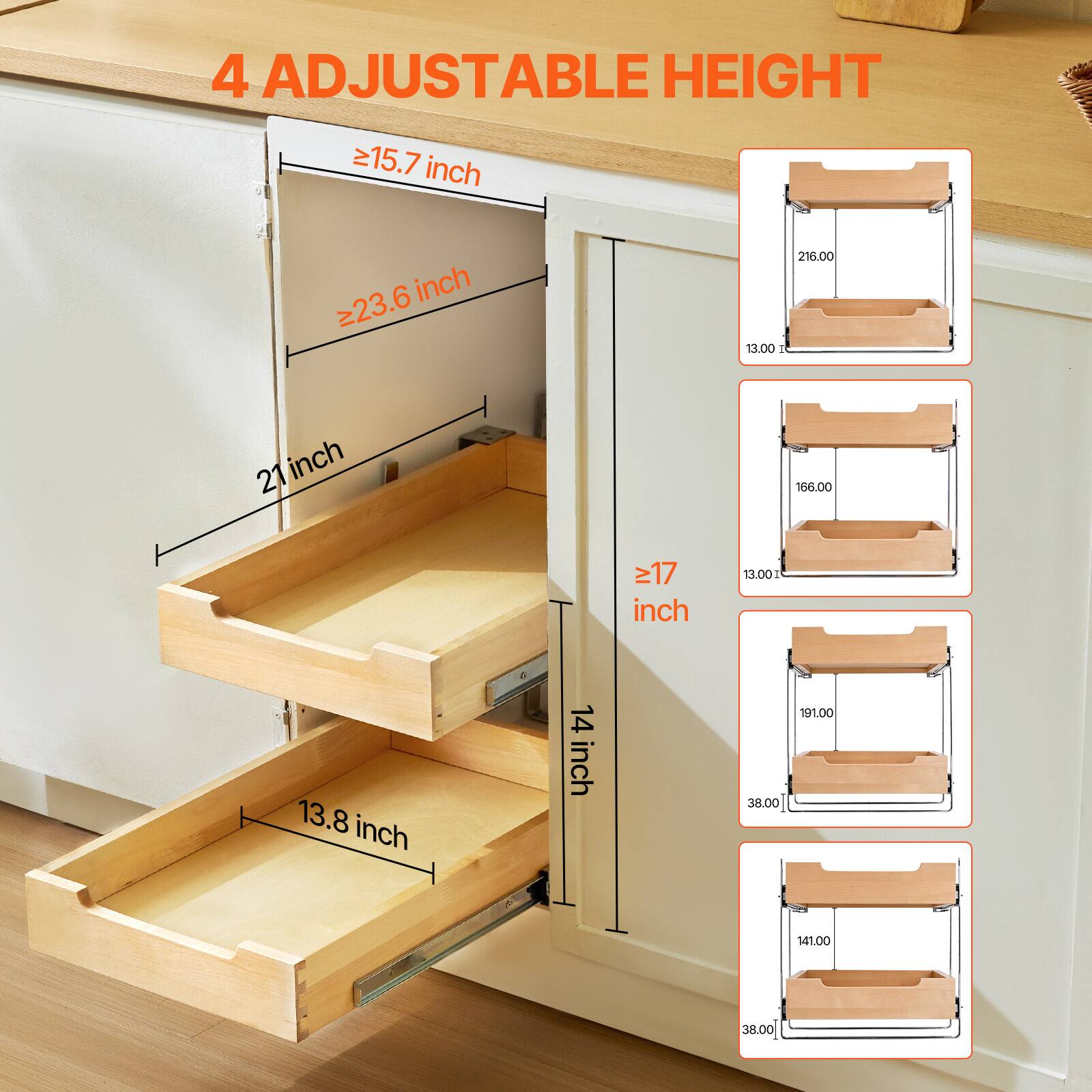 4 Adjustable Height

- ≥15.7 inch
- ≥23.6 inch
- 21 inch
- ≥17 inch
- 13.8 inch
- 14 inch

Dimensions:
- 216.00
- 13.00
- 166.00
- 191.00
- 141.00
- 38.00