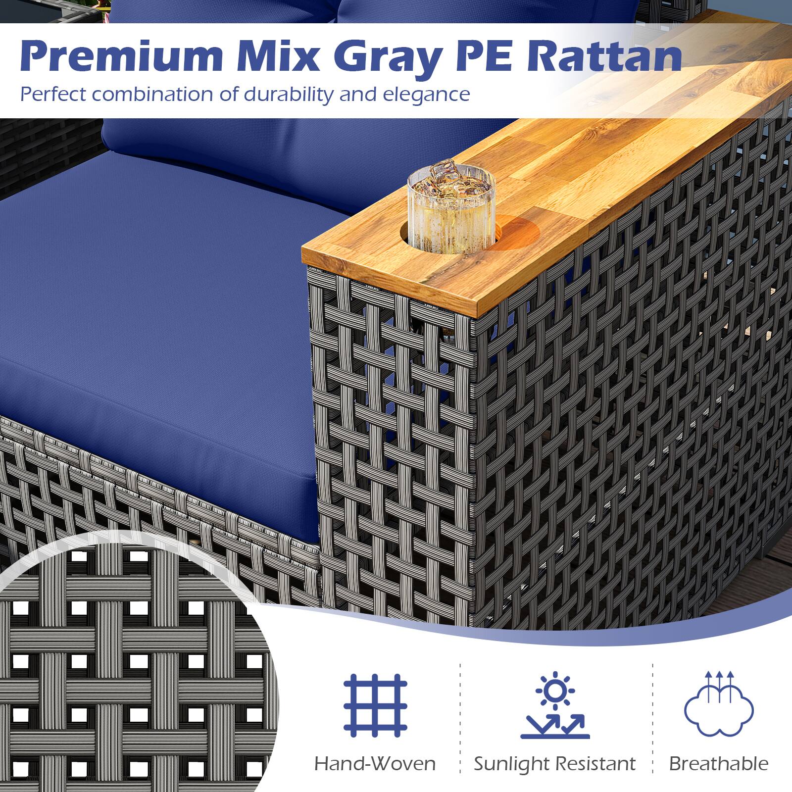 Premium Mix Gray PE Rattan  
Perfect combination of durability and elegance  

# Hand-Woven  
Sunlight Resistant  
Breathable