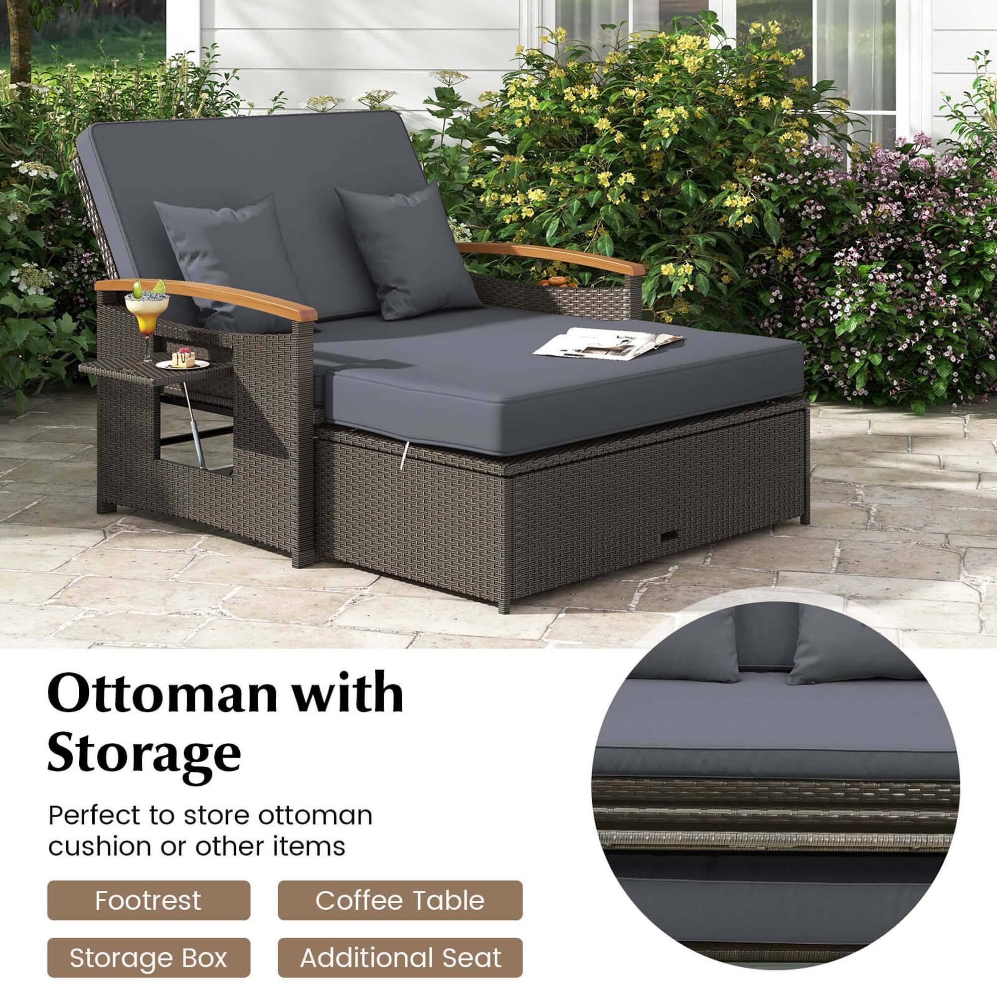 The image features an Ottoman with Storage, which is perfect for storing ottoman cushions or other items. It also serves as a footrest and a coffee table. The storage box is included, and there is an additional seat available.