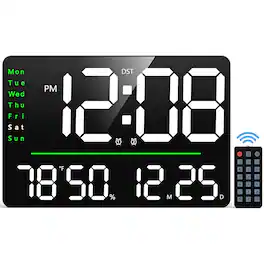 GOLOZA - 16" Digital Wall Alarm Clock, Large LED Display, Remote Control, Date, Day, Temperature, Table/Wall Mount, Bedroom Offic - Black