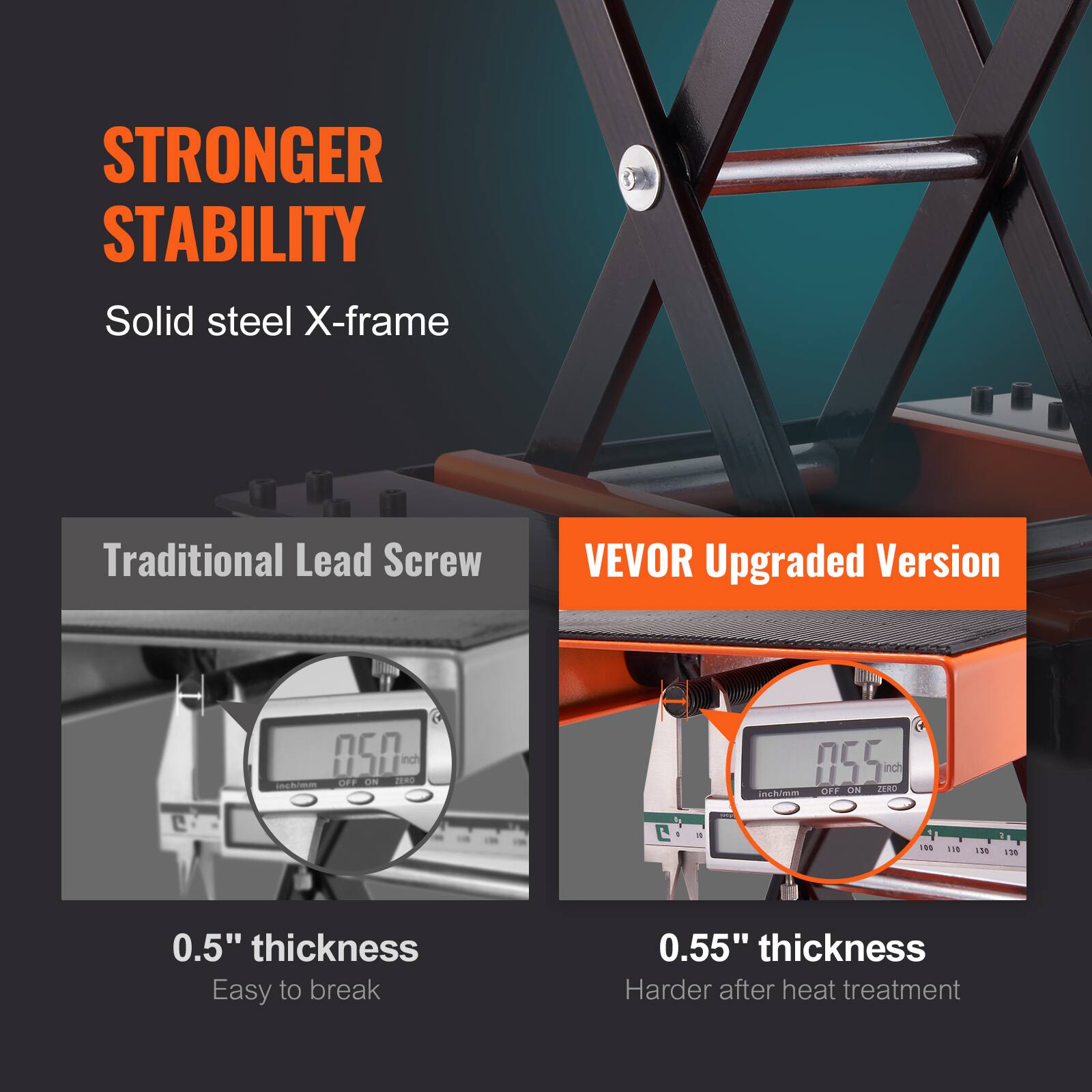 STRONGER STABILITY  
Solid steel X-frame  

Traditional Lead Screw  
0.5" thickness  
Easy to break  

VEVOR Upgraded Version  
0.55" thickness  
Harder after heat treatment