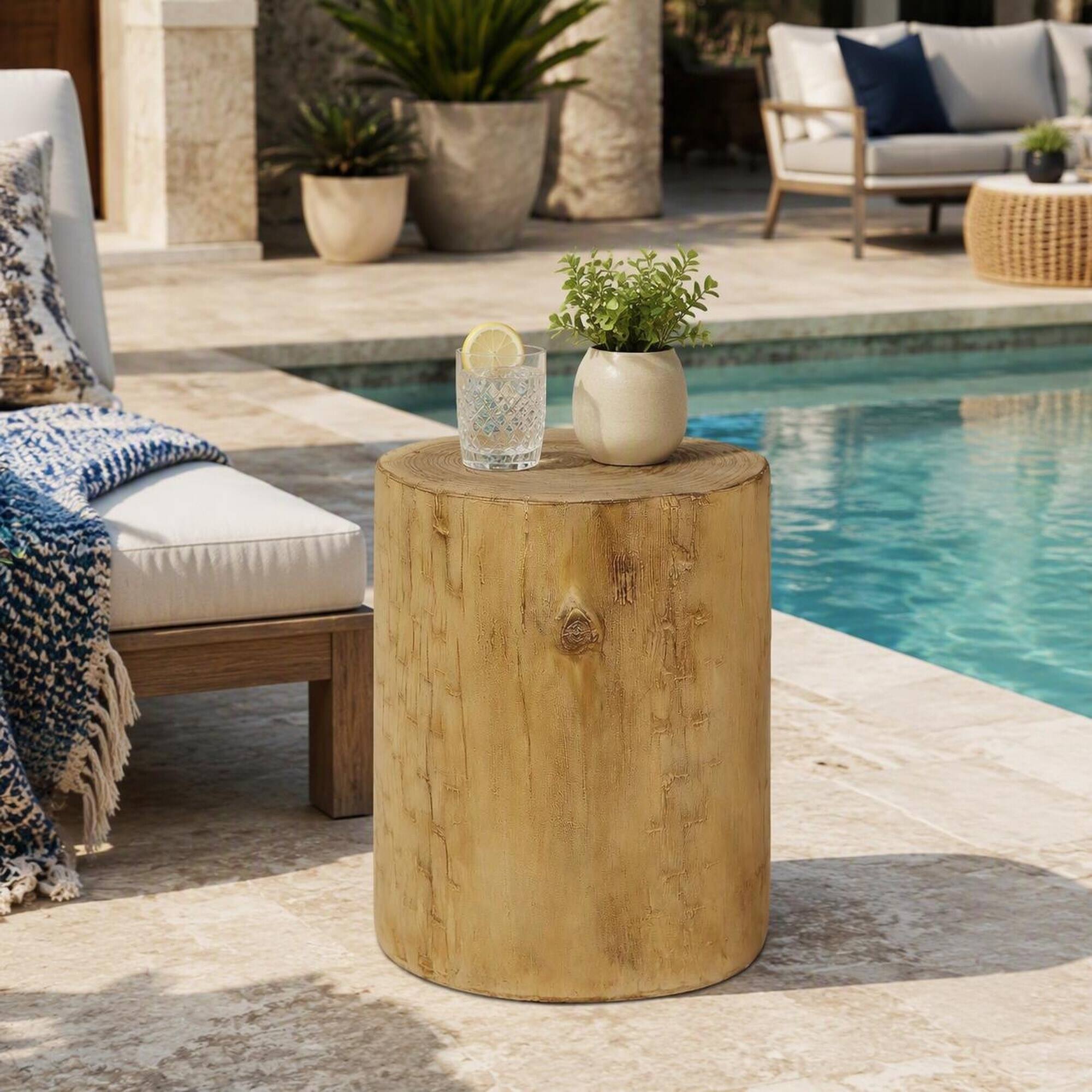 Alt View 1. RYHNUYNE - Outdoor 14.25" Accent Side Table, Hand‑Painted Faux Wood Stump End Table For Patio Backyard Decor - Light Brown.