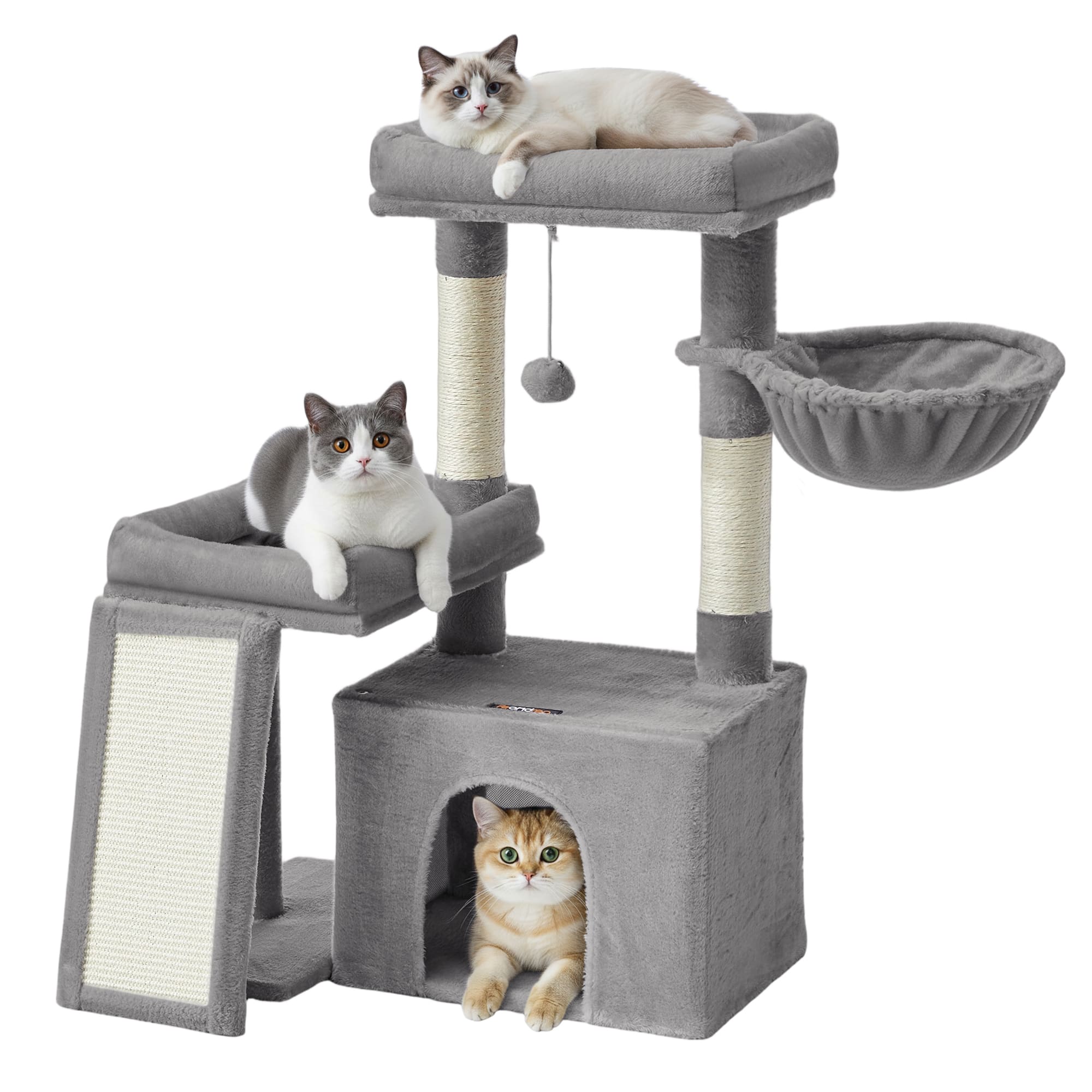 Songmics Home - Cat Tree, Cat Tower Condo with Scratching Posts and Ramp, 2 Large Perches, Cave, Basket, 33.8 Inches Tall - Dove Gray