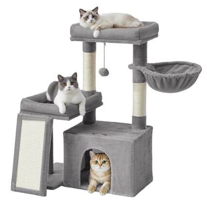 Front. Songmics Home - Cat Tree, Cat Tower Condo with Scratching Posts and Ramp, 2 Large Perches, Cave, Basket, 33.8 Inches Tall - Dove Gray.