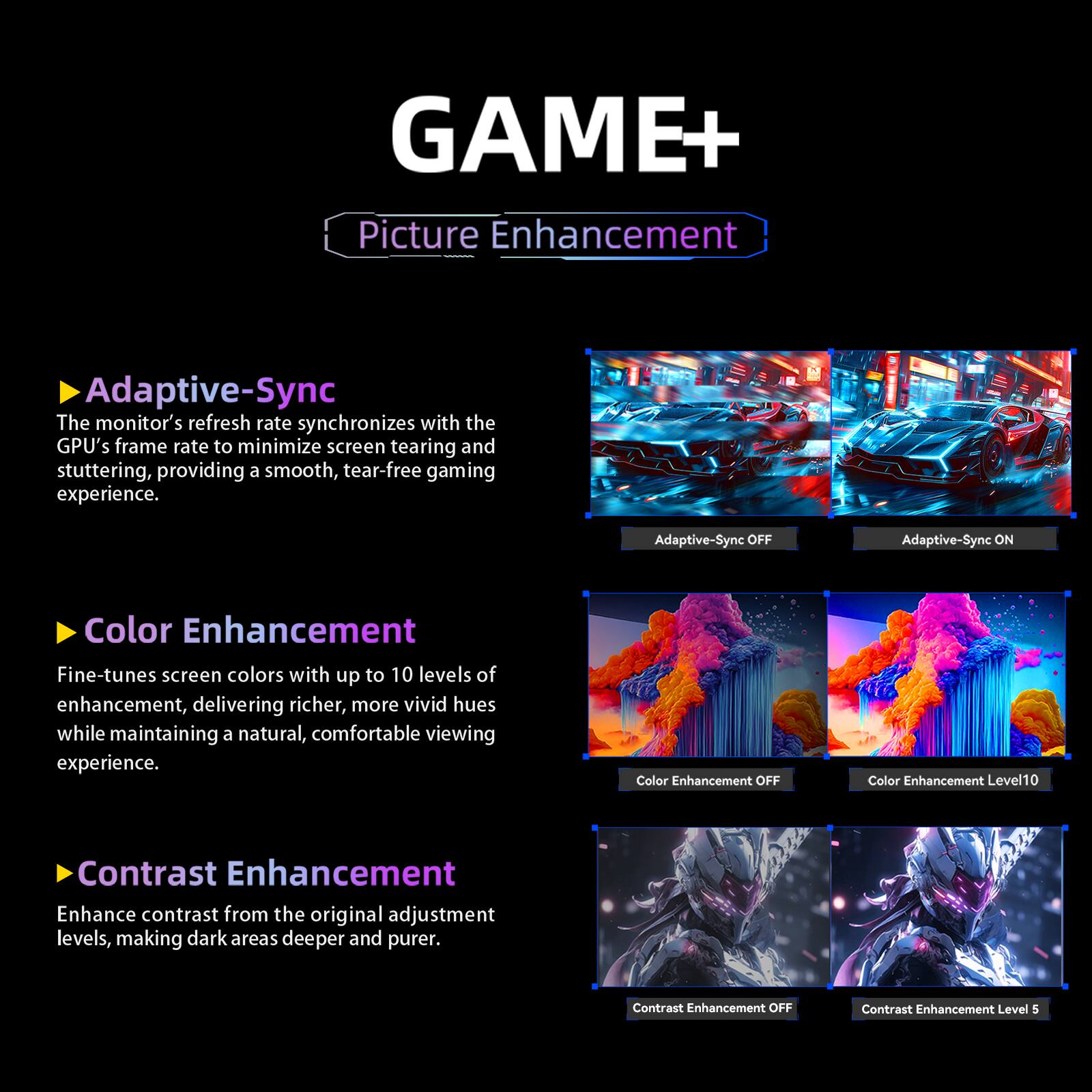 **GAME+**

**Picture Enhancement**

- **Adaptive-Sync**  
  The monitor's refresh rate synchronizes with the GPU's frame rate to minimize screen tearing and stuttering, providing a smooth, tear-free gaming experience.  
  - Adaptive-Sync OFF  
  - Adaptive-Sync ON

- **Color Enhancement**  
  Fine-tunes screen colors with up to 10 levels of enhancement, delivering richer, more vivid hues while maintaining a natural, comfortable viewing experience.  
  - Color Enhancement OFF  
  - Color Enhancement Level 10

- **Contrast Enhancement**  
  Enhance contrast from the original adjustment levels, making dark areas deeper and purer.  
  - Contrast Enhancement OFF  
  - Contrast Enhancement Level 5
