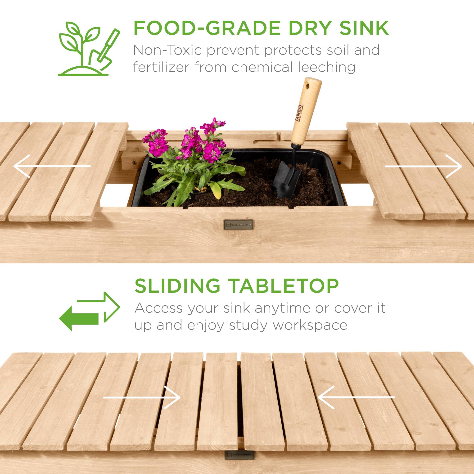 FOOD-GRADE DRY SINK  
Non-Toxic, prevents soil and fertilizer from chemical leeching  

SLIDING TABLETOP  
Access your sink anytime or cover it up and enjoy study workspace