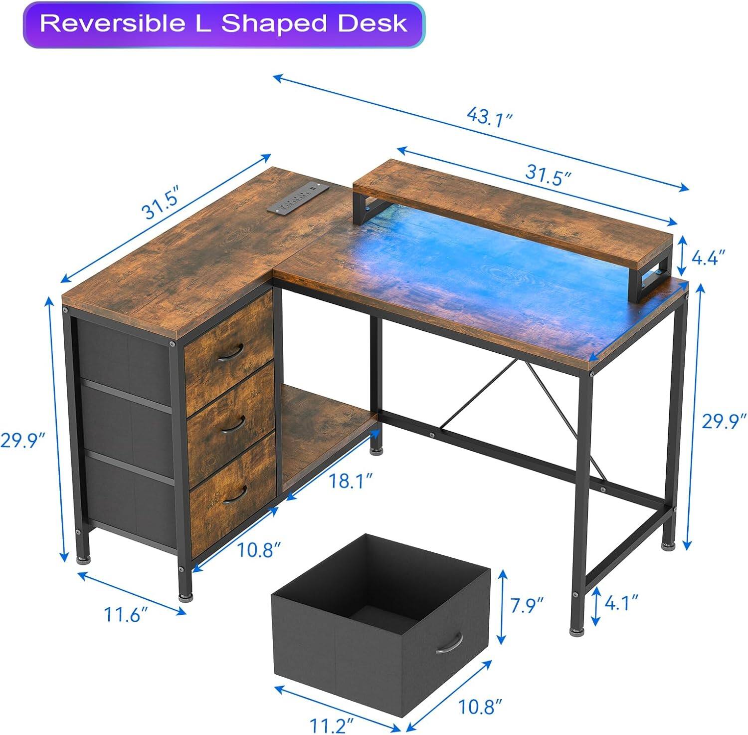 Reversible L Shaped Desk

- Length: 43.1"
- Width: 31.5"
- Depth: 31.5"
- Height: 29.9"
- Drawer Height: 18.1"
- Drawer Width: 10.8"
- Drawer Depth: 11.6"
- Shelf Height: 7.9"
- Shelf Width: 11.2"
- Shelf Depth: 10.8"
- Side Height: 4.4"
- Side Width: 4.1"