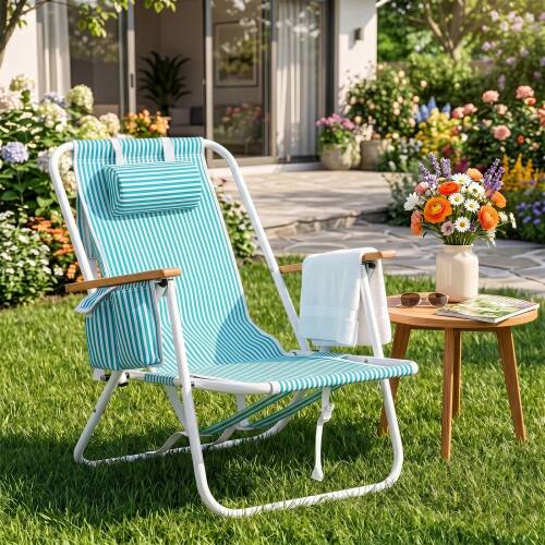 Alt View 9. Winado - Folding Beach Chair, Portable Reclining Lounge Chair with Adjustable 4-Position, Padded Headrest for Beach Pool Garden - Mint Green & White Stripes.