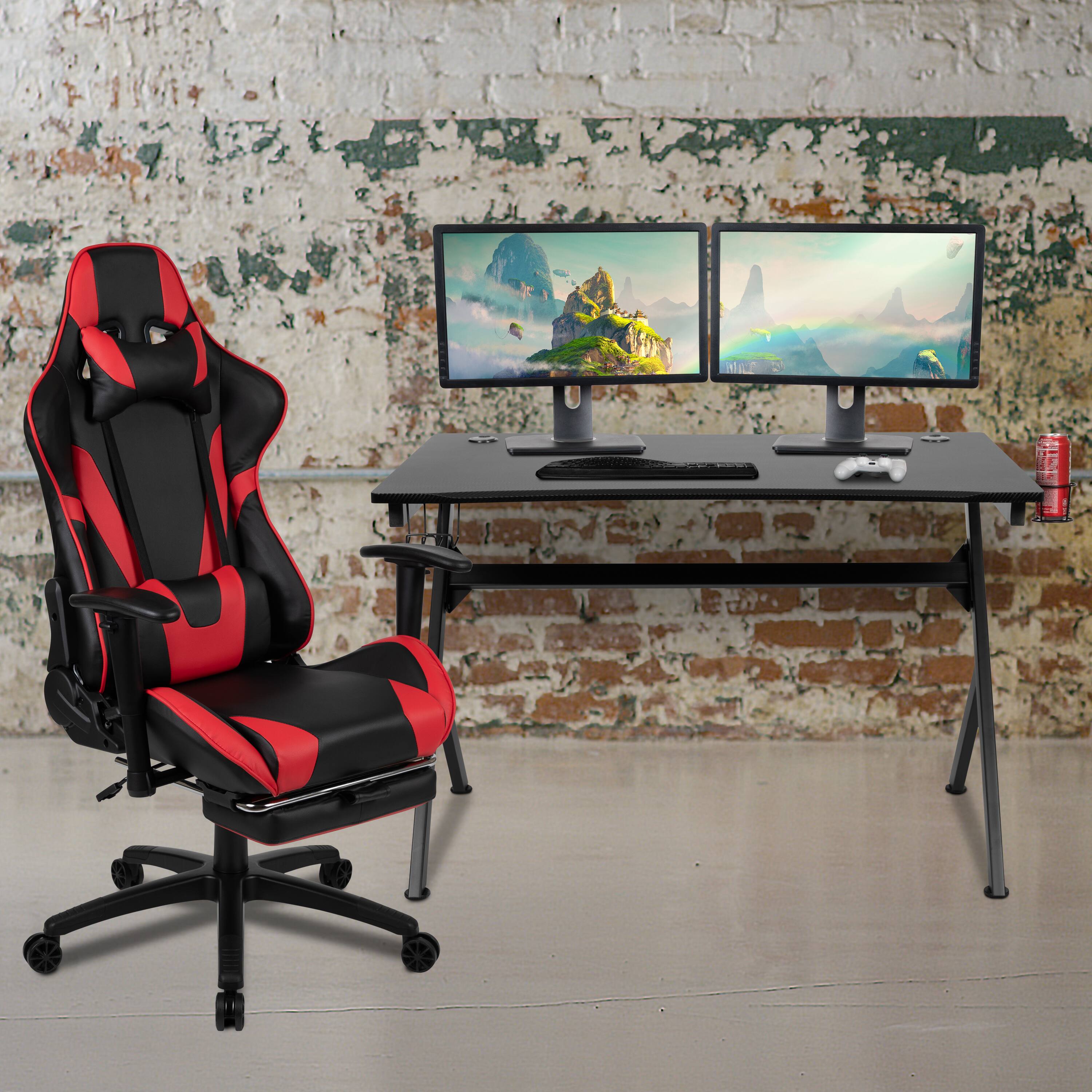 Alt View 1. Emma + Oliver - Gaming Desk Set - Cup/Headset Holder/Reclining & Footrest - Red.
