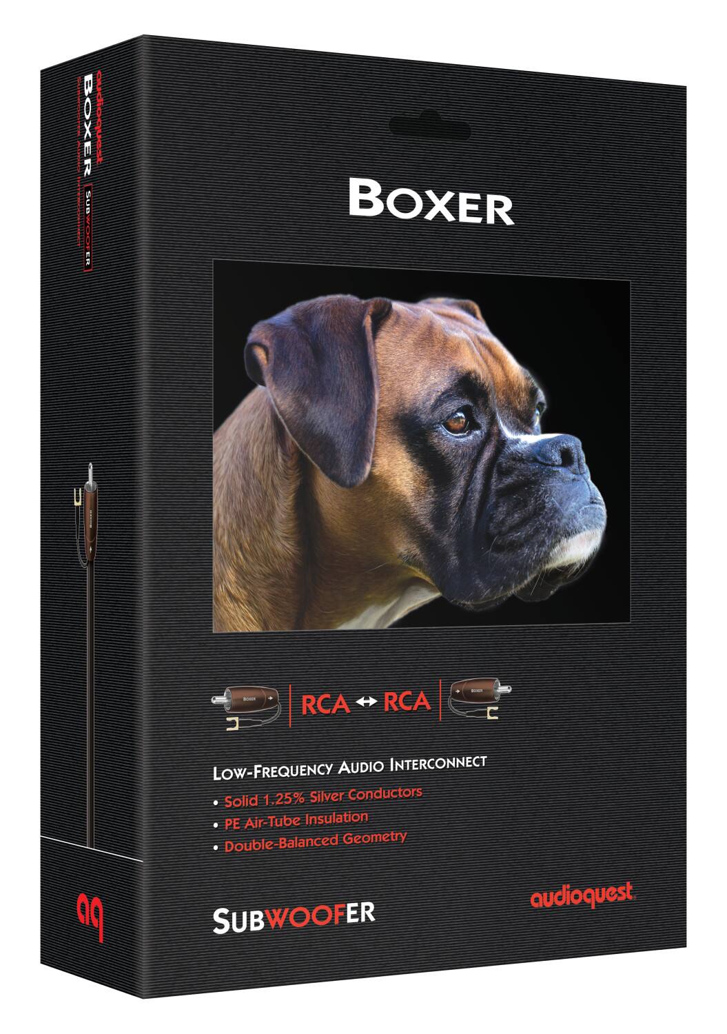 **Boxer**  
**Subwoofer**  

**RCA** → **RCA**  

**Low-Frequency Audio Interconnect**  
- Solid 1.25% Silver Conductors  
- PE Air-Tube Insulation  
- Double-Balanced Geometry  

**Subwoofer**  

**Audioquest**