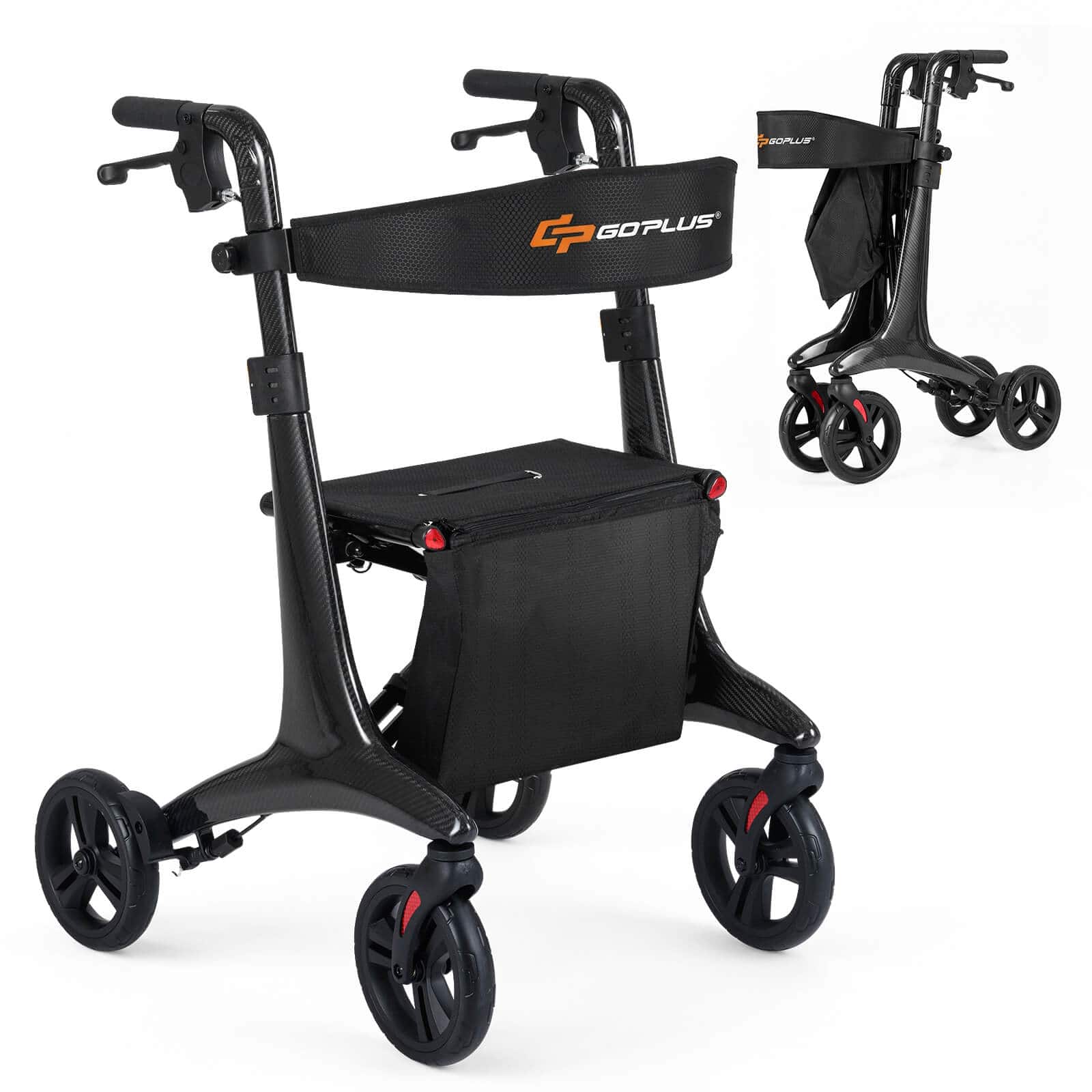 Costway - Foldable Rollator Walker for Seniors, Ultralight Rolling Walker with Seat 8" Wheels - Black