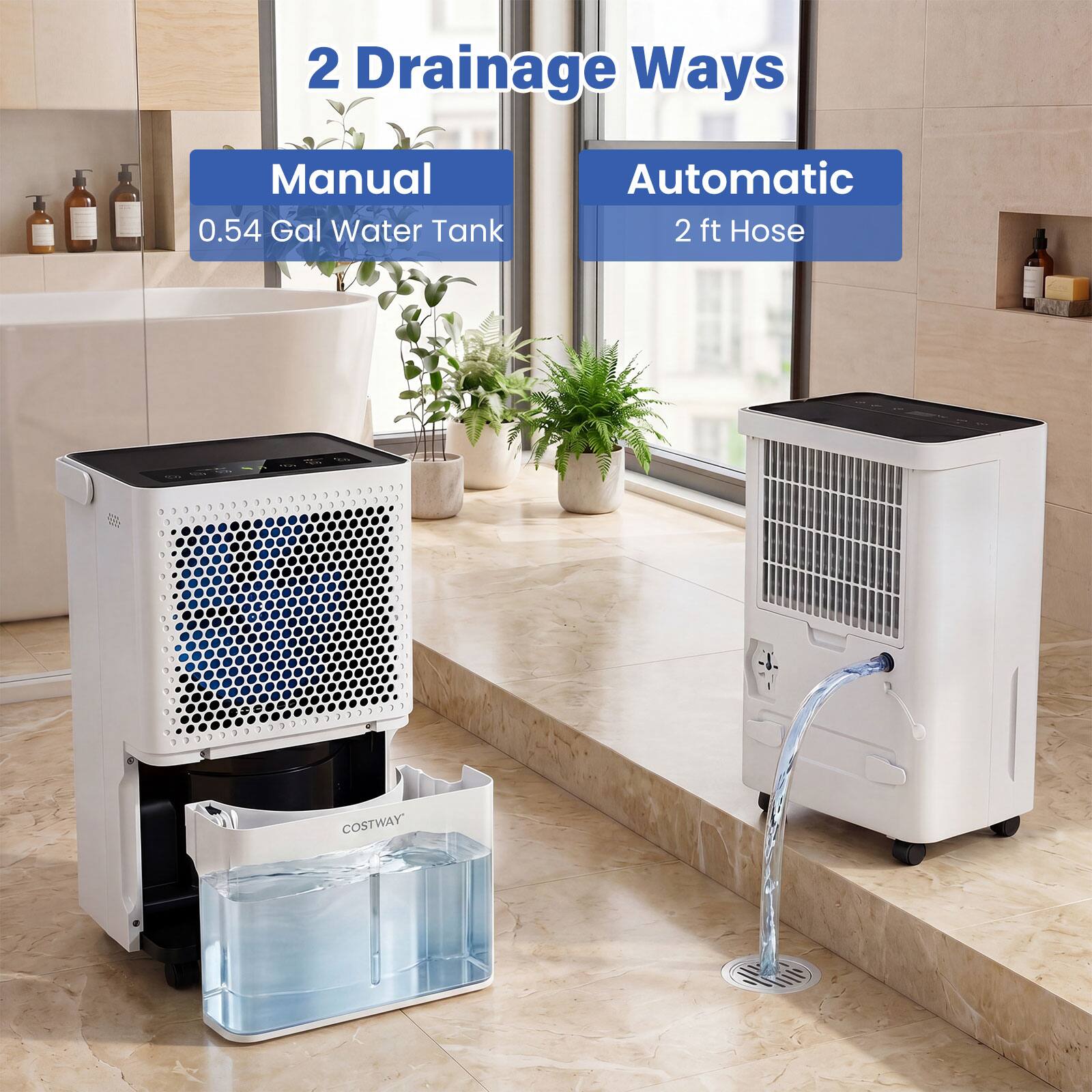 2 Drainage Ways  
Manual  
0.54 Gal Water Tank  
Automatic  
2 ft Hose  
COSTWAY