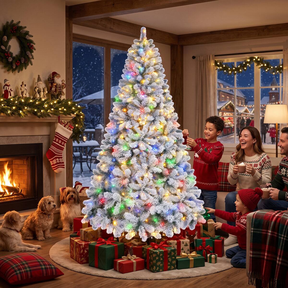 Angle. Wisairt - 6FT Pre-Lit Flocked Artificial Christmas Tree, 800 Snowy Tips, 250 LED 11 Modes - Green.