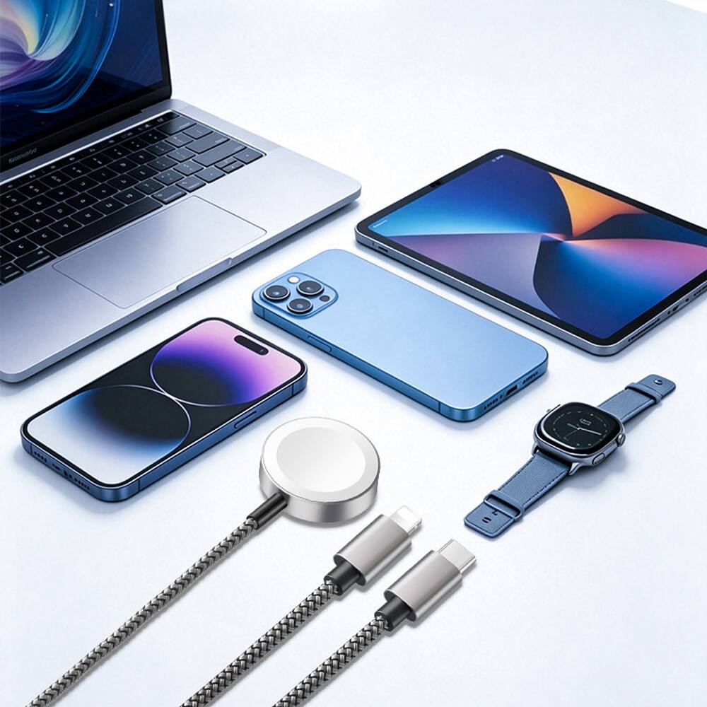 Alt View 6. Topteng - 3-in-2 Charging Cable for Travel - USB C, Lightning & Magnetic iWatch Charger in One - Black.