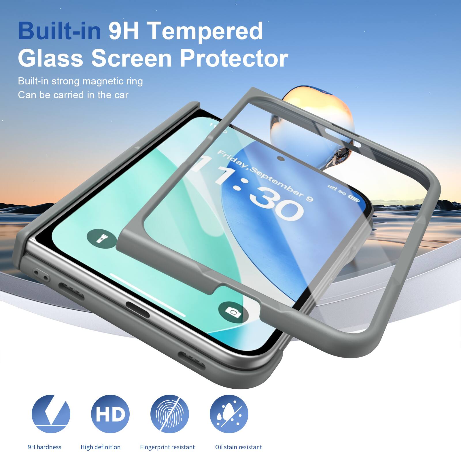 Built-in 9H Tempered Glass Screen Protector  
Built-in strong magnetic ring  
Can be carried in the car  

9H hardness  
High definition  
Fingerprint resistant  
Oil stain resistant