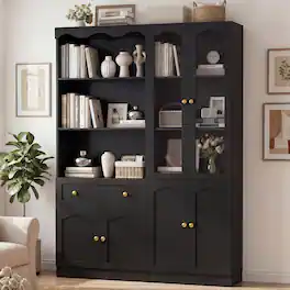 Aheaplus - 80'' Tall Bookcase with Drawer and Glass Doors, 51.1'' Width Bookshelf with Adjustable Shelves, 2 Packs - Black