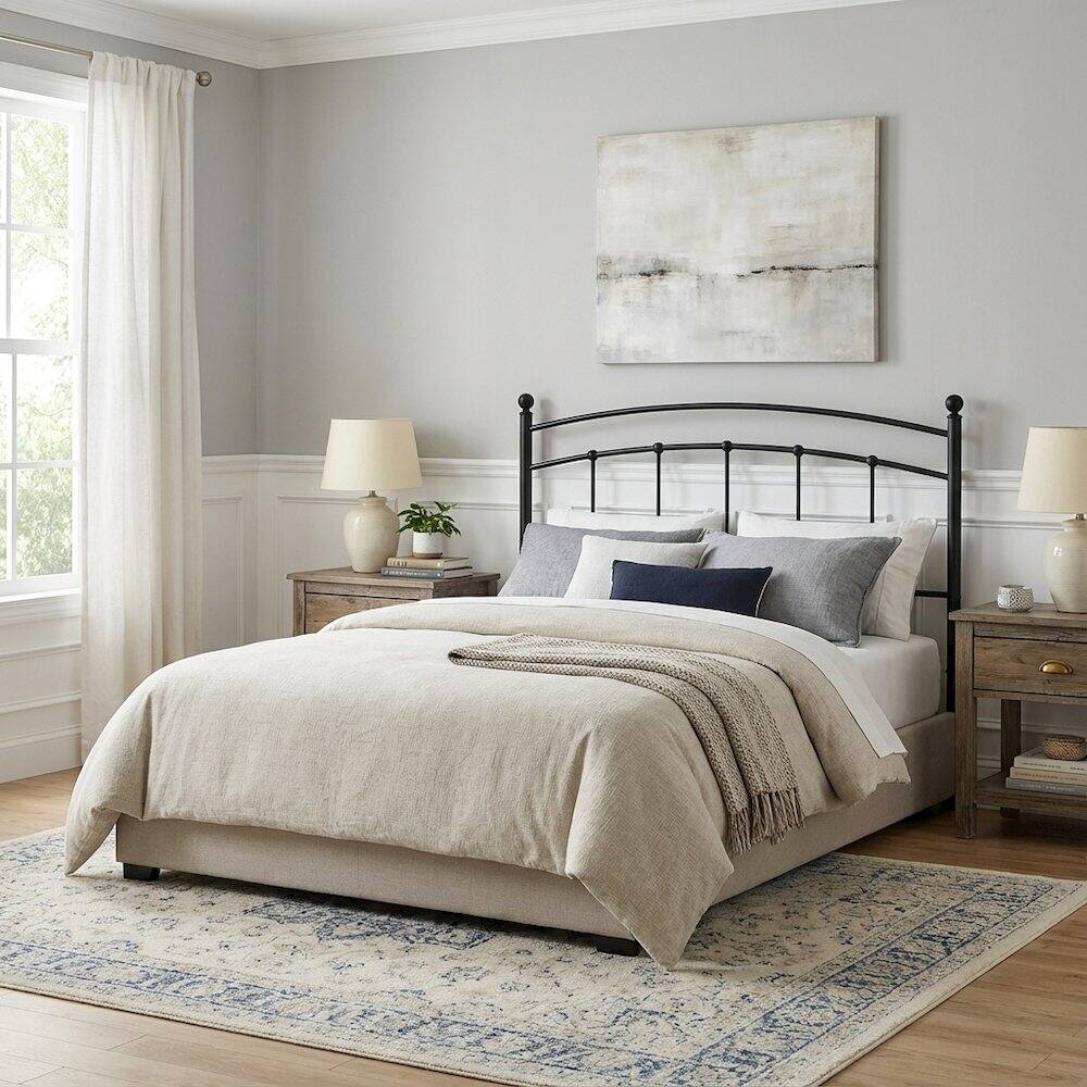 Left. FurniFact - Metal Queen Headboard with Sturdy Construction and Sleek Design - Black.