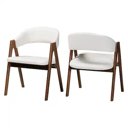 Front. Baxton Studio - Virden Boucle Upholstered Dining Chair Set of 2- Armchair with Solid Wood Frame and Curved Open-Back Design - White/Walnut Brown.