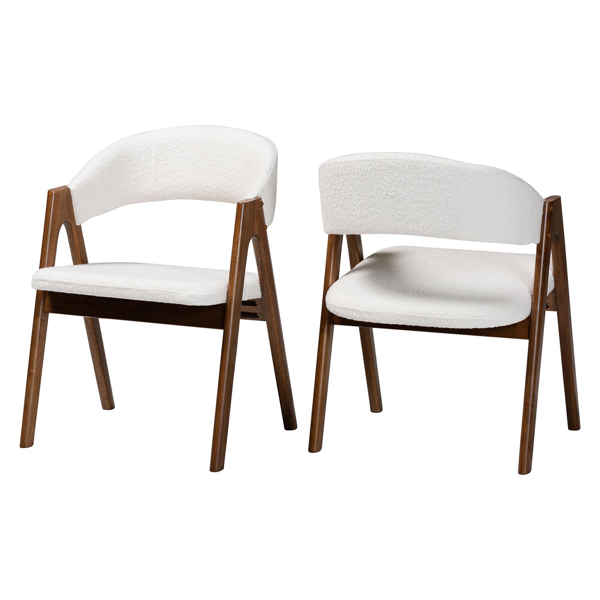 Front. Baxton Studio - Virden Boucle Upholstered Dining Chair Set of 2- Armchair with Solid Wood Frame and Curved Open-Back Design - White/Walnut Brown.