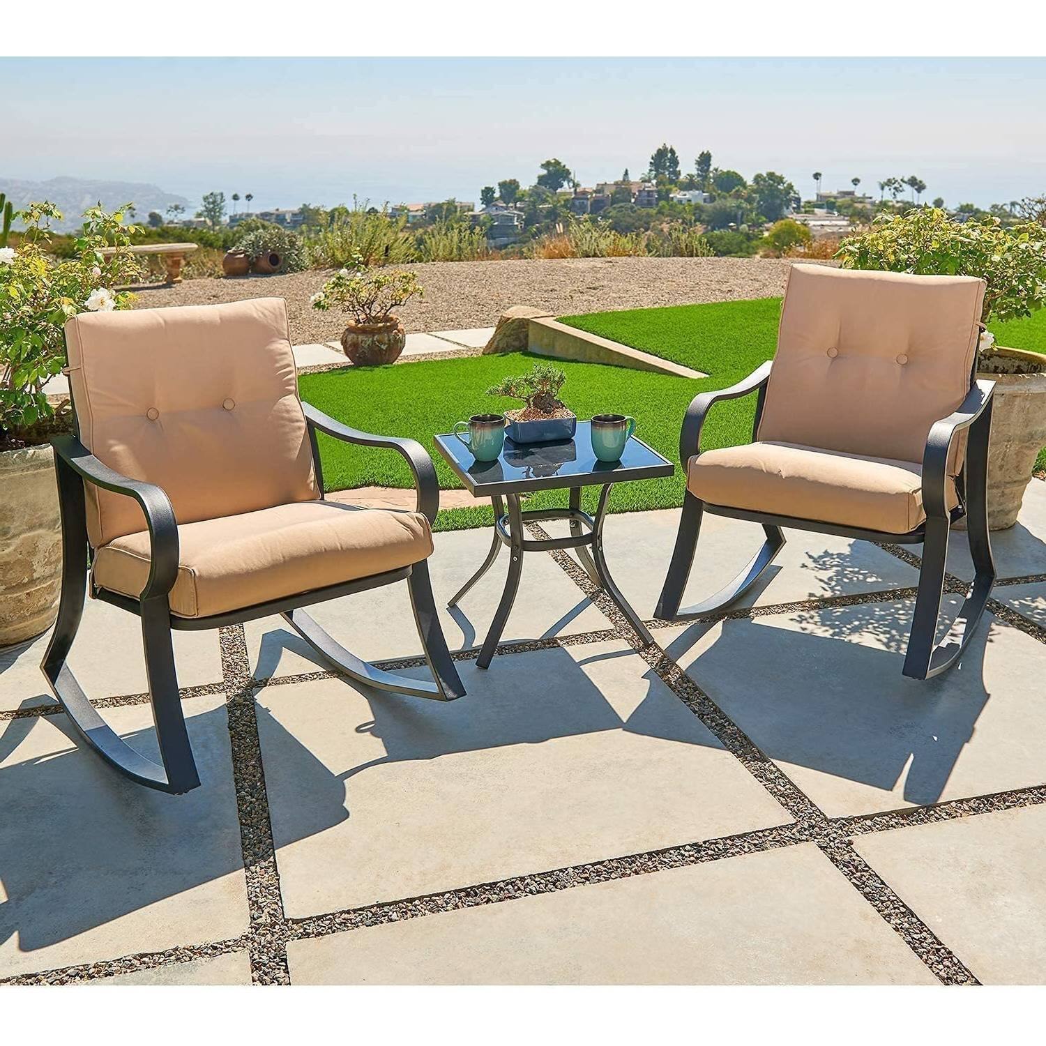 Angle. Hivvago - 3-Piece Outdoor Patio Furniture Table Rocking Chairs Set with Beige Cushions - Beige.
