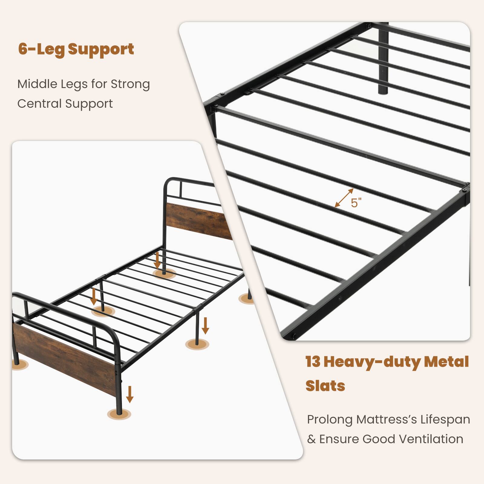 6-Leg Support, Middle Legs for Strong Central Support, 5", 13 Heavy-duty Metal Slats, Prolong Mattress's Lifespan & Ensure Good Ventilation