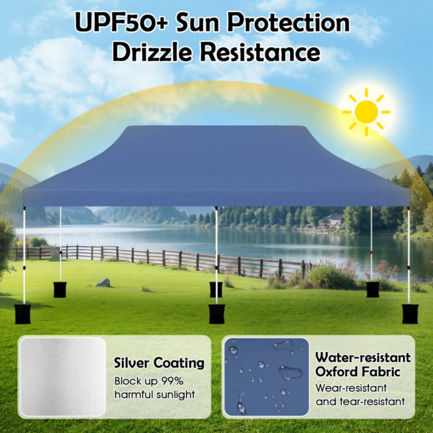 UPF50+ Sun Protection  
Drizzle Resistance  
Silver Coating  
Block up 99% harmful sunlight  
Water-resistant Oxford Fabric  
Wear-resistant and tear-resistant