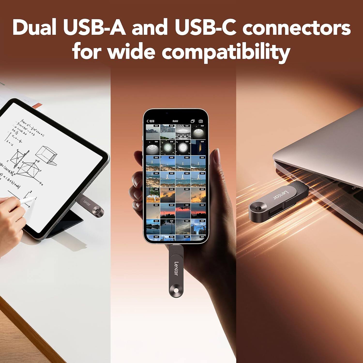 Dual USB-A and USB-C connectors for wide compatibility