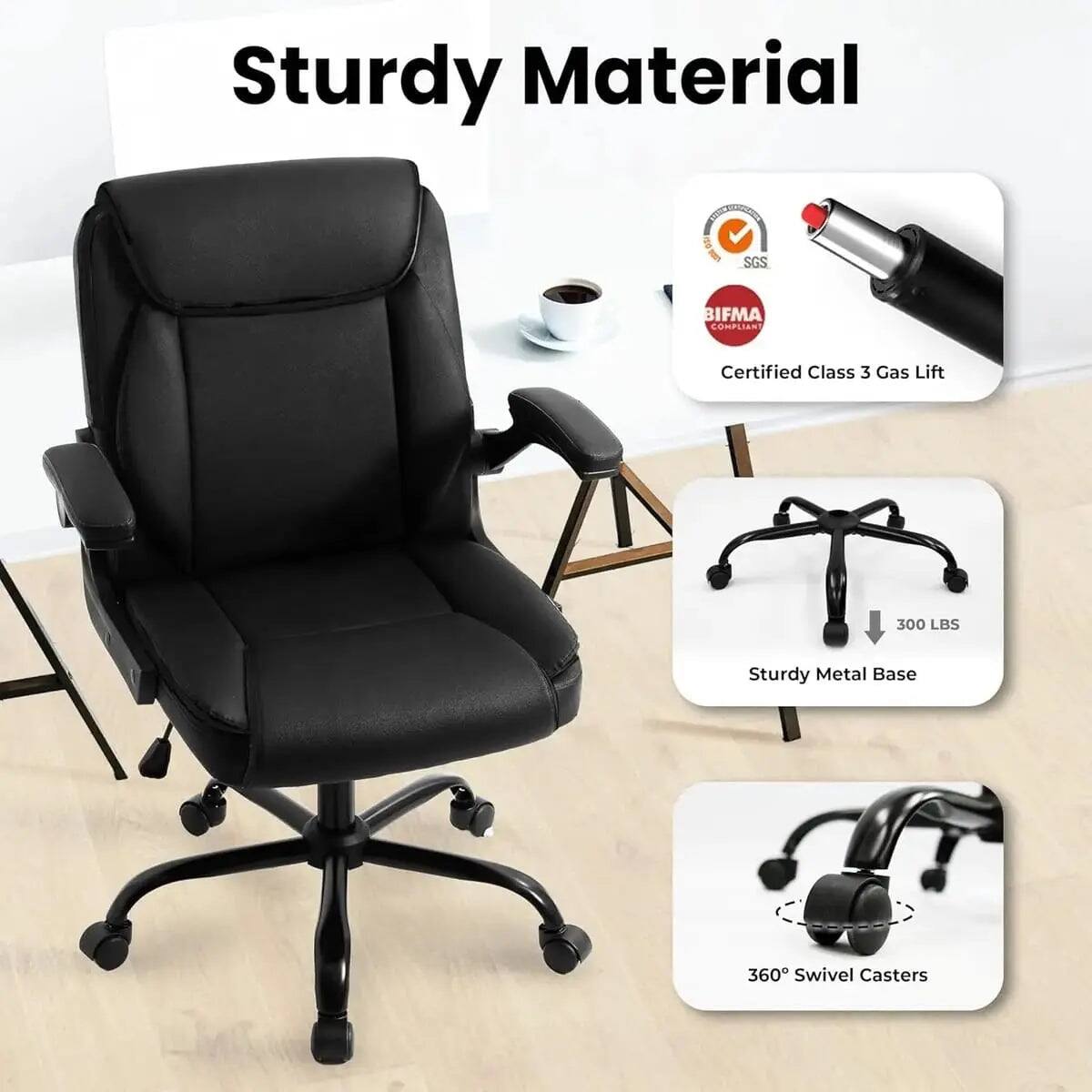 Sturdy Material  
URD on SGS  
BIFMA COMPLIANT  
Certified Class 3 Gas Lift  
300 LBS  
Sturdy Metal Base  
360° Swivel Casters