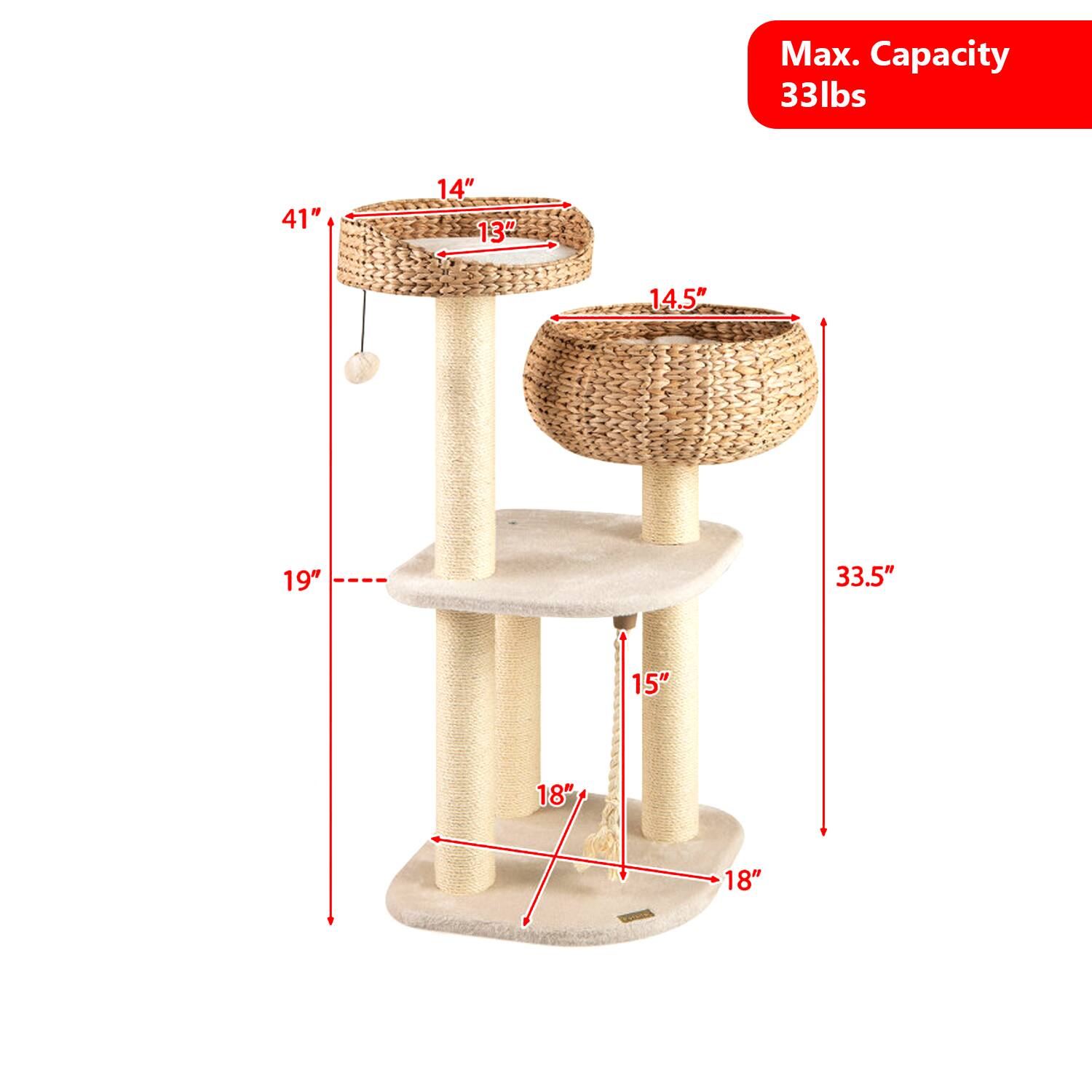 Max. Capacity 33lbs  
41"  
14"  
13"  
14.5"  
19"  
33.5"  
15"  
18"  
18"