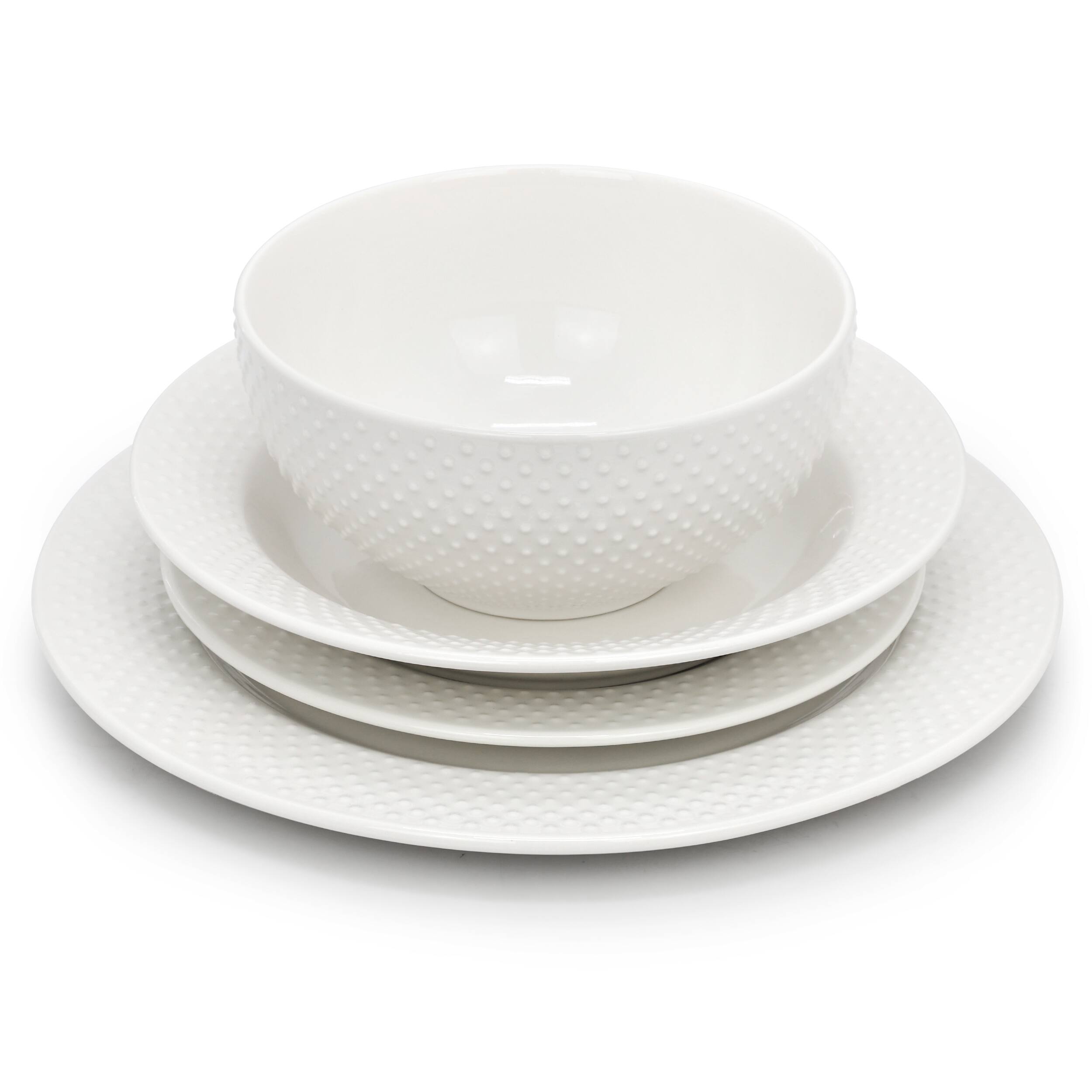 Alt View 1. Elama - Elama Kim 16 Piece Hobnail Double Bowl Porcelain Dinnerware Set in White - White.