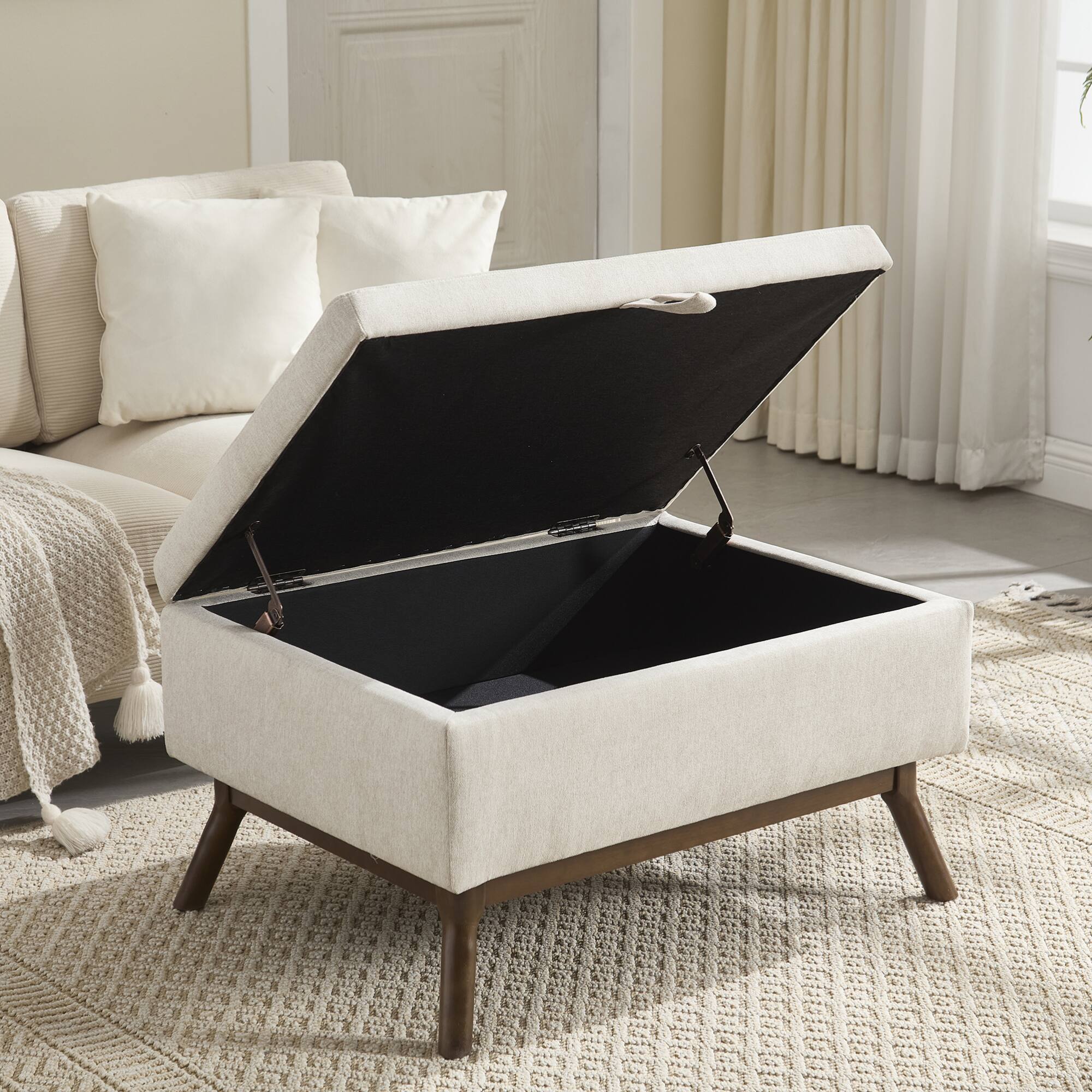 Alt View 4. GOODSILO - Mid-Century Modern Square Storage Ottoman Bench with Lift-Top Lid and Child Safety Hinge - Beige.