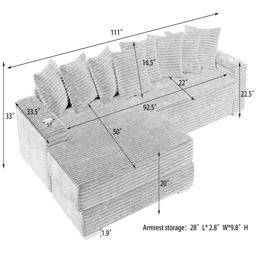 111"  
92.5"  
33.5"  
33"  
16.5"  
22"  
22.5"  
50"  
20"  
1.9"  
3.9"  
Armrest storage: 28" L*2.8" W*9.8" H